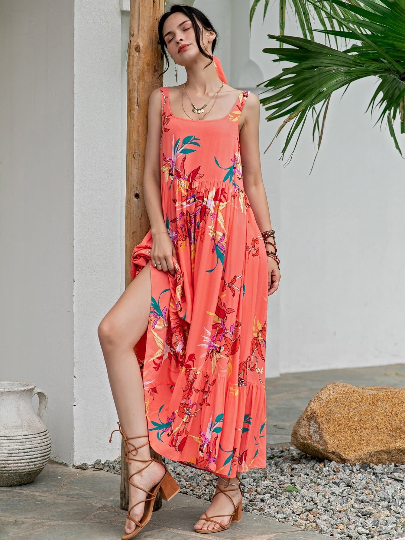 Orange Sleeveless Floral Ruffle Hem Scoop Neck Dress Without Headband