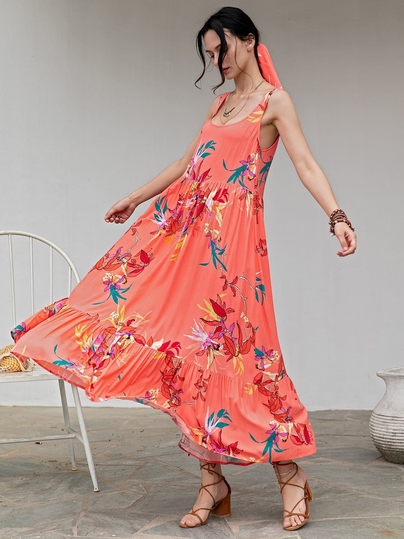 Orange Sleeveless Floral Ruffle Hem Scoop Neck Dress Without Headband