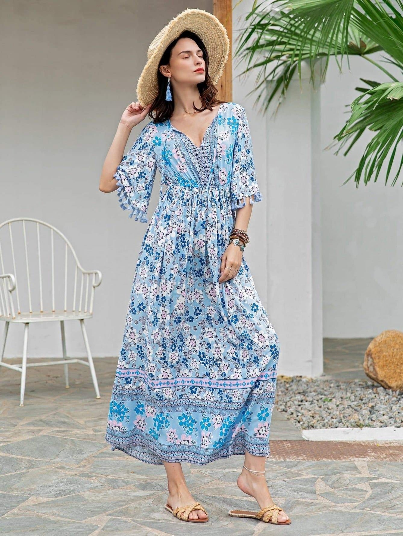 Blue Tie Neck Tassel Trim Floral Print Ruffle Hem Dress