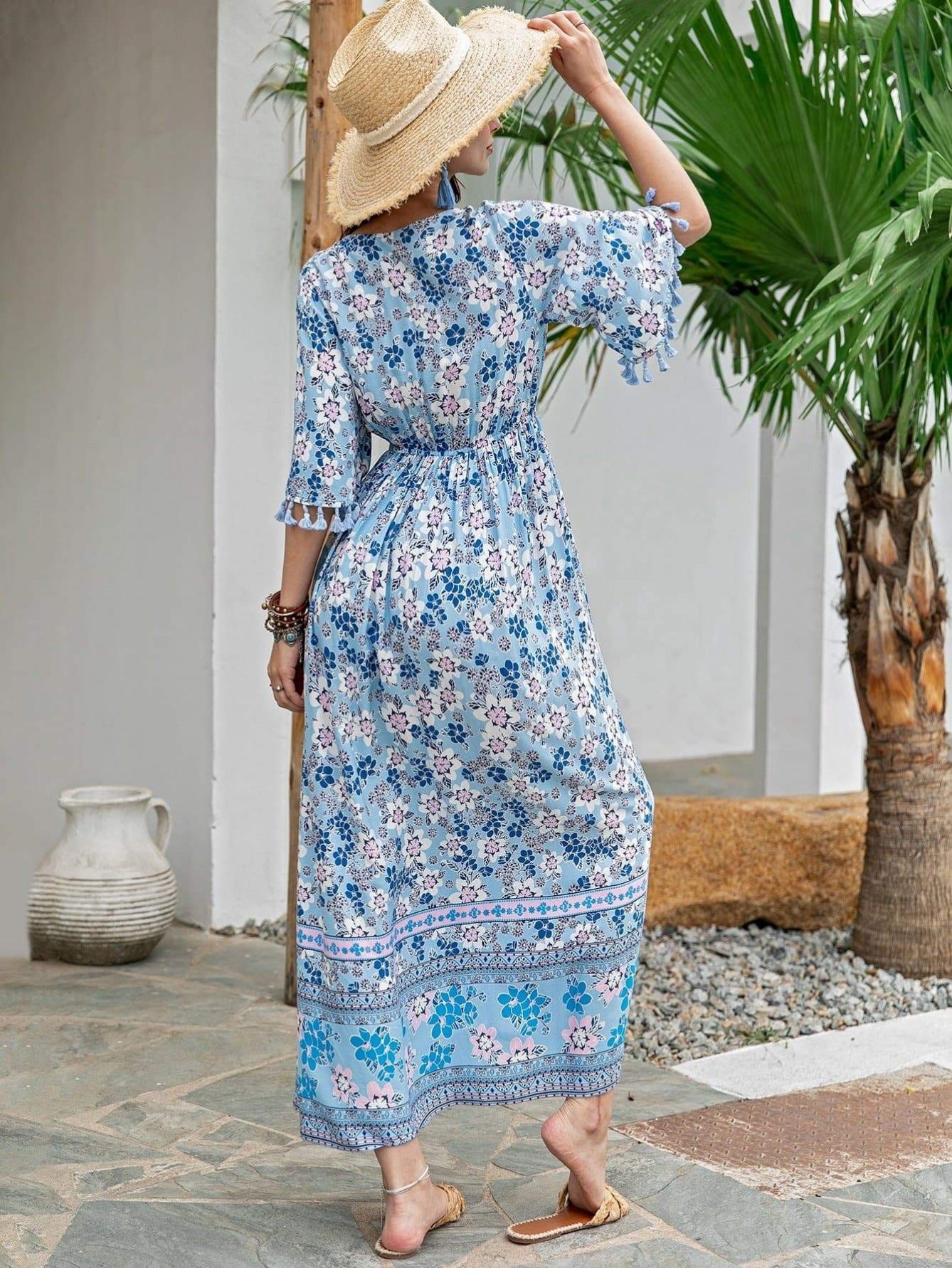 Blue Tie Neck Tassel Trim Floral Print Ruffle Hem Dress