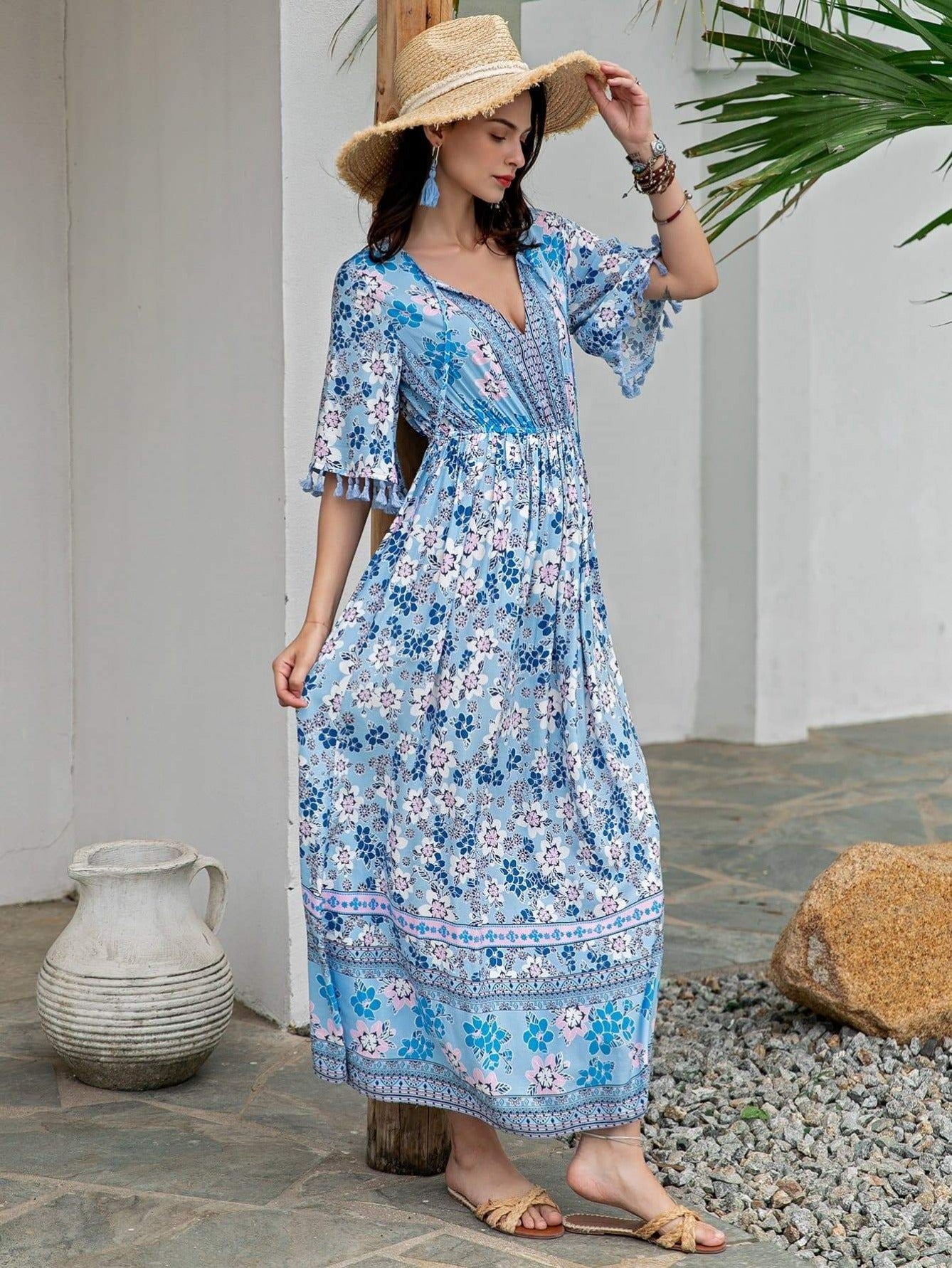 Blue Tie Neck Tassel Trim Floral Print Ruffle Hem Dress
