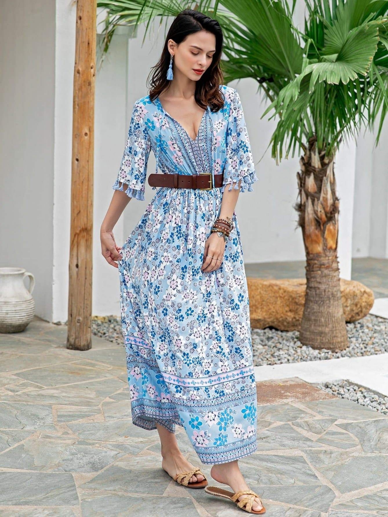 Blue Tie Neck Tassel Trim Floral Print Ruffle Hem Dress