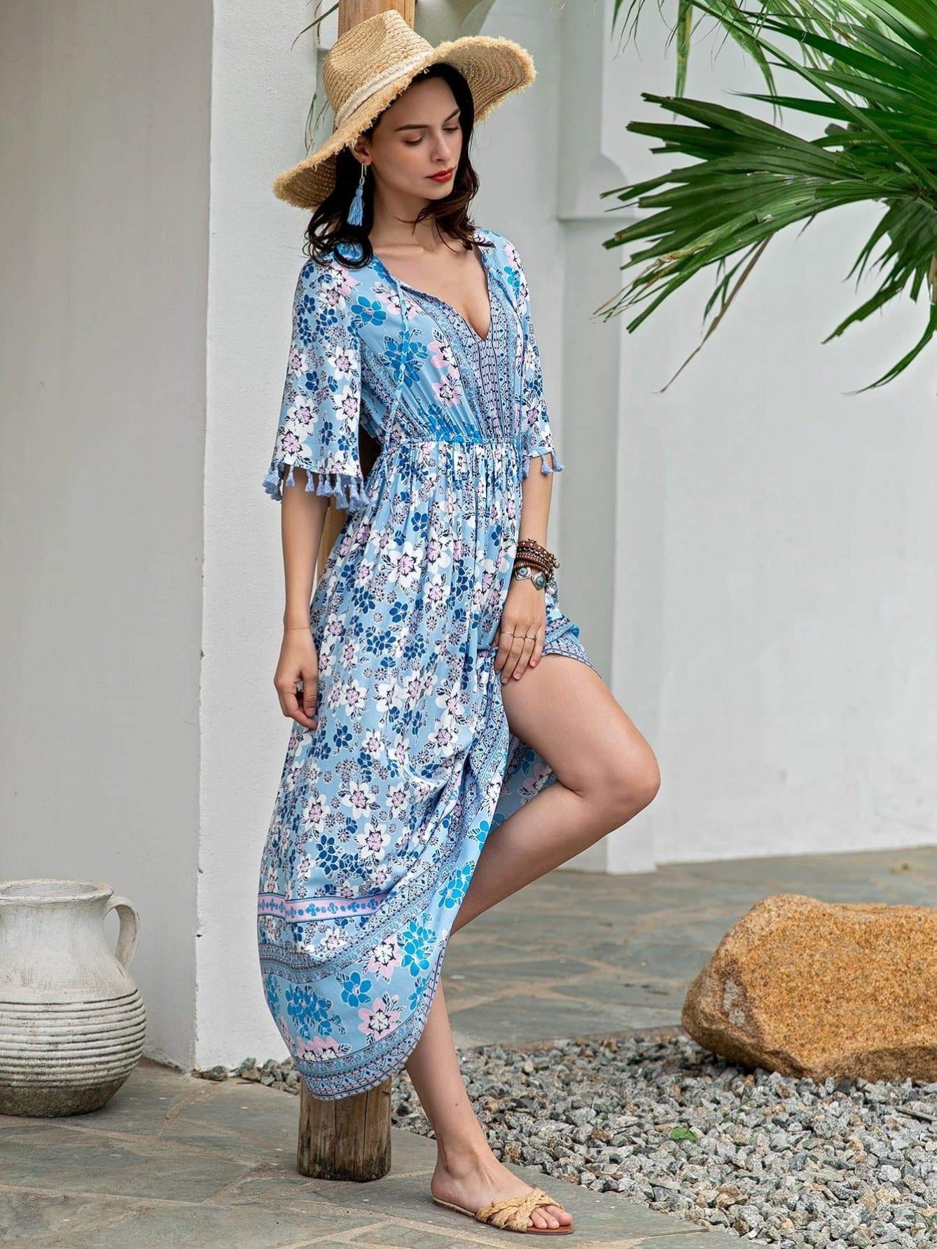 Blue Tie Neck Tassel Trim Floral Print Ruffle Hem Dress