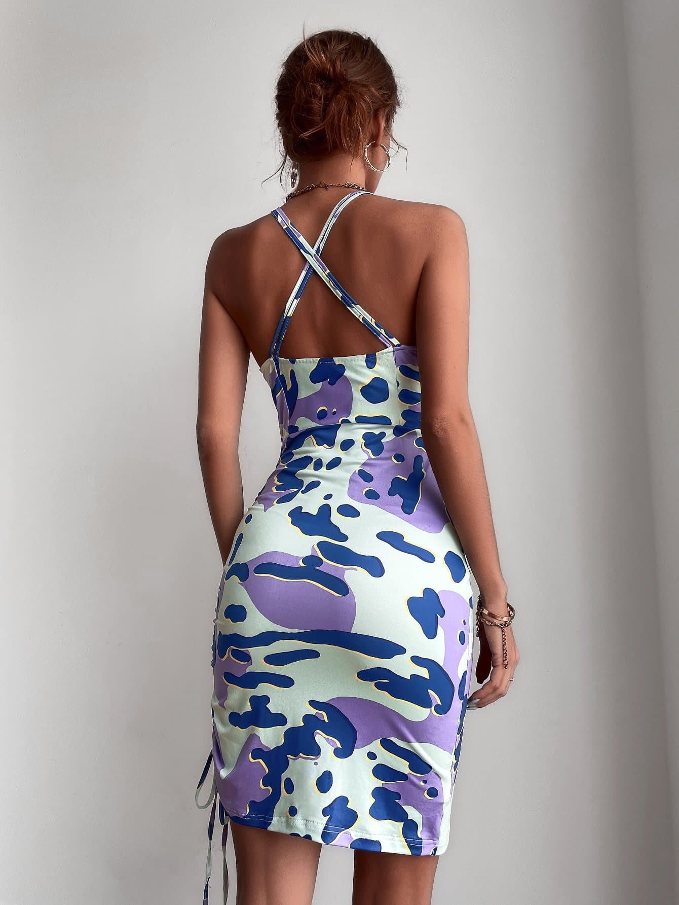 Spaghetti Strap Sleeveless Allover Print Drawstring Criss Cross Cami Dress