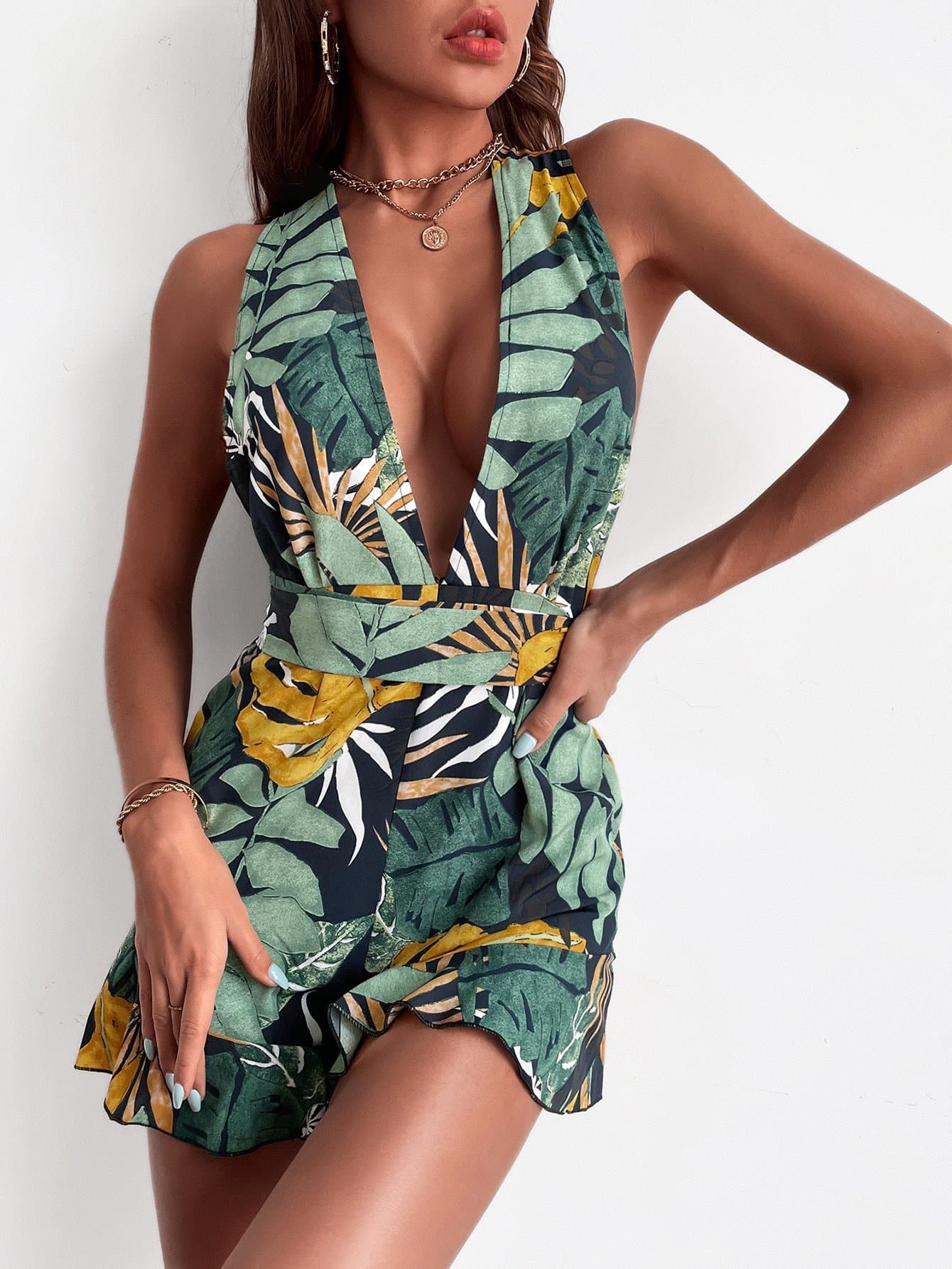 Deep V-Neck Leaf Print Ruffle Hem Tie Back Romper
