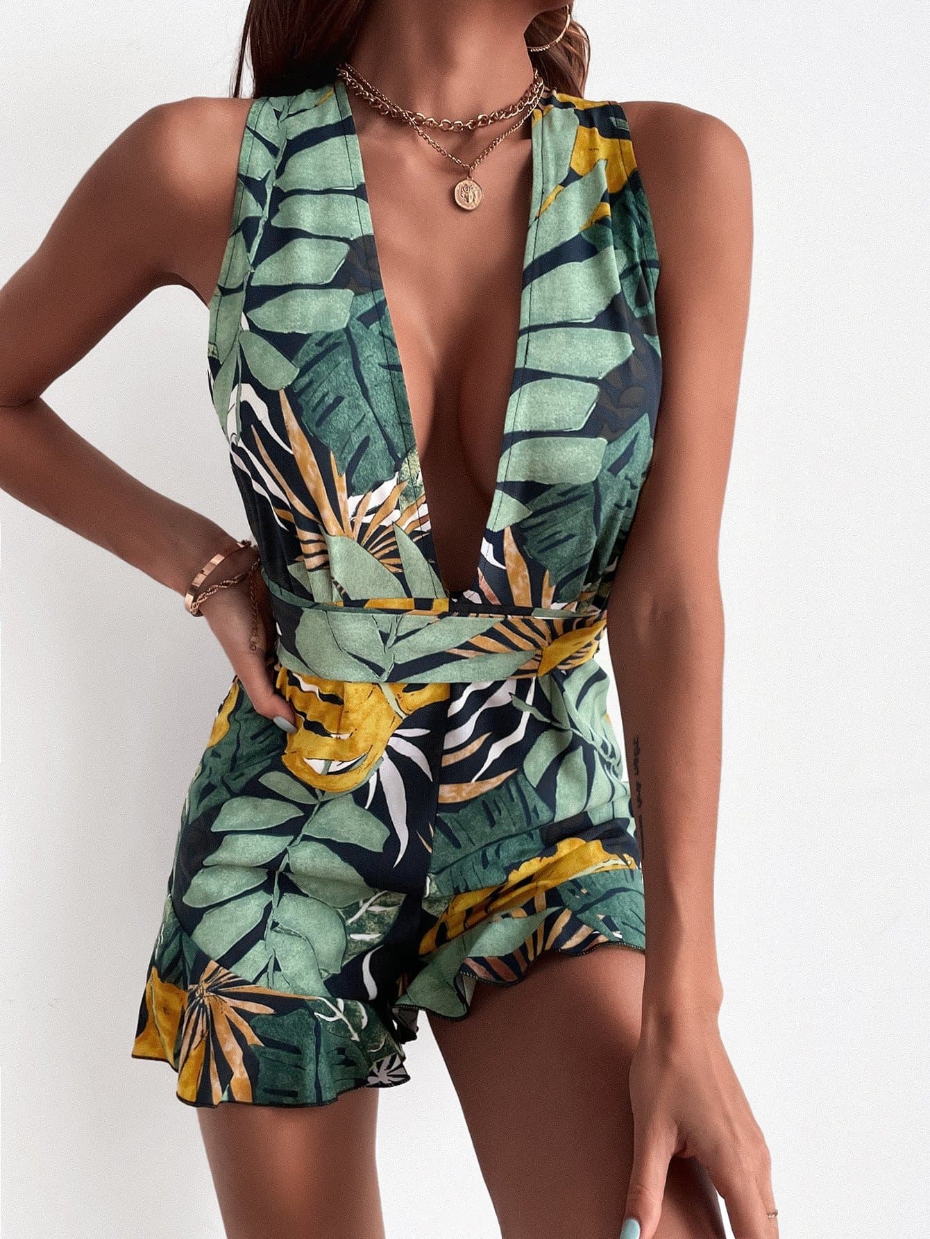 Deep V-Neck Leaf Print Ruffle Hem Tie Back Romper