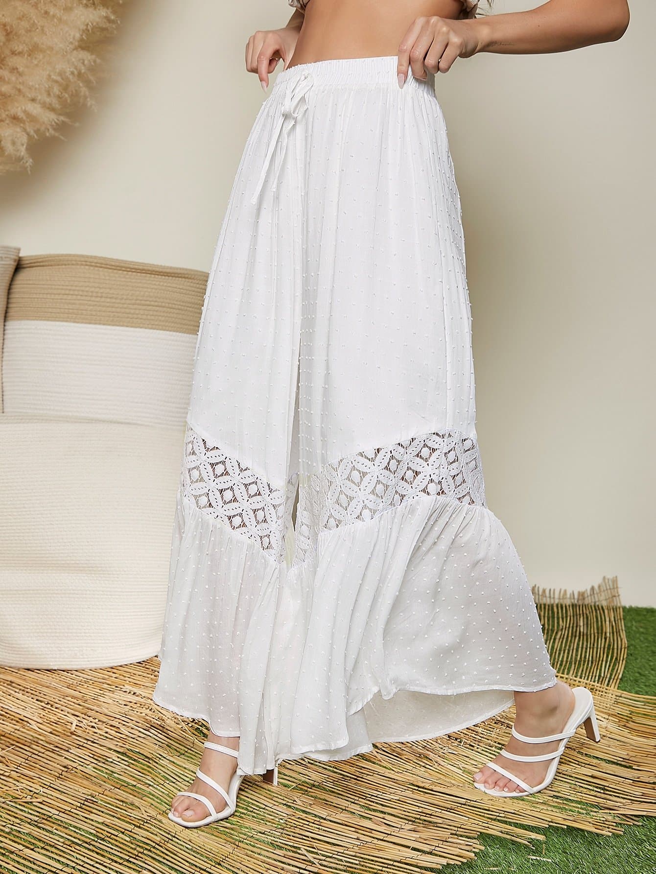 White Cutout Detail Swiss Dot High Elastic Waist Wide Leg Pants