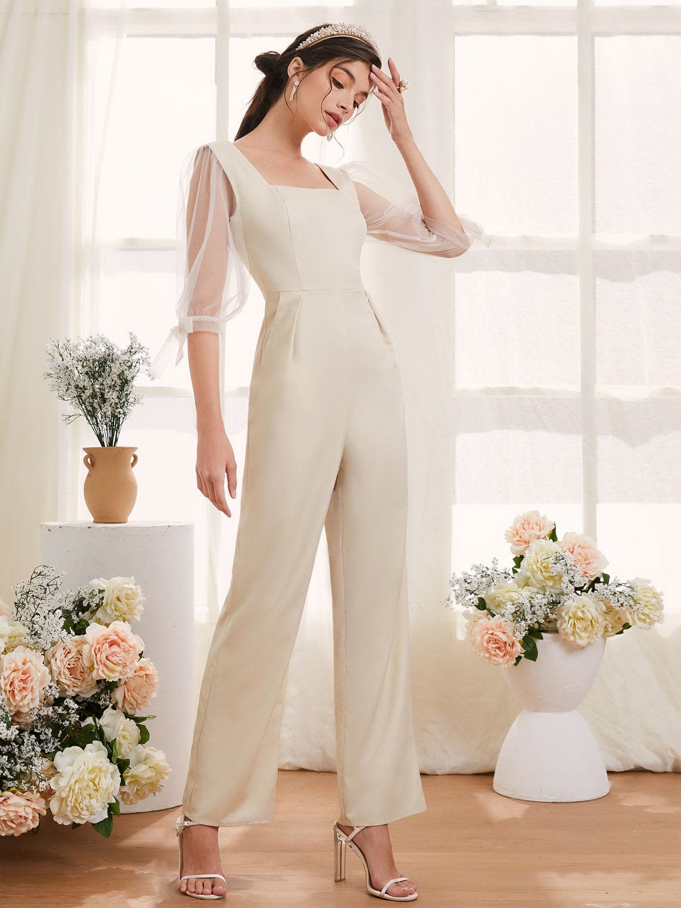 White Contrast Mesh Knot Cuff Square Neck Jumpsuit