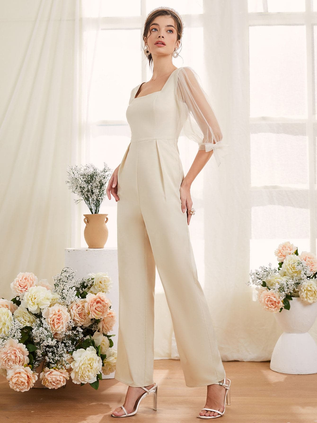White Contrast Mesh Knot Cuff Square Neck Jumpsuit