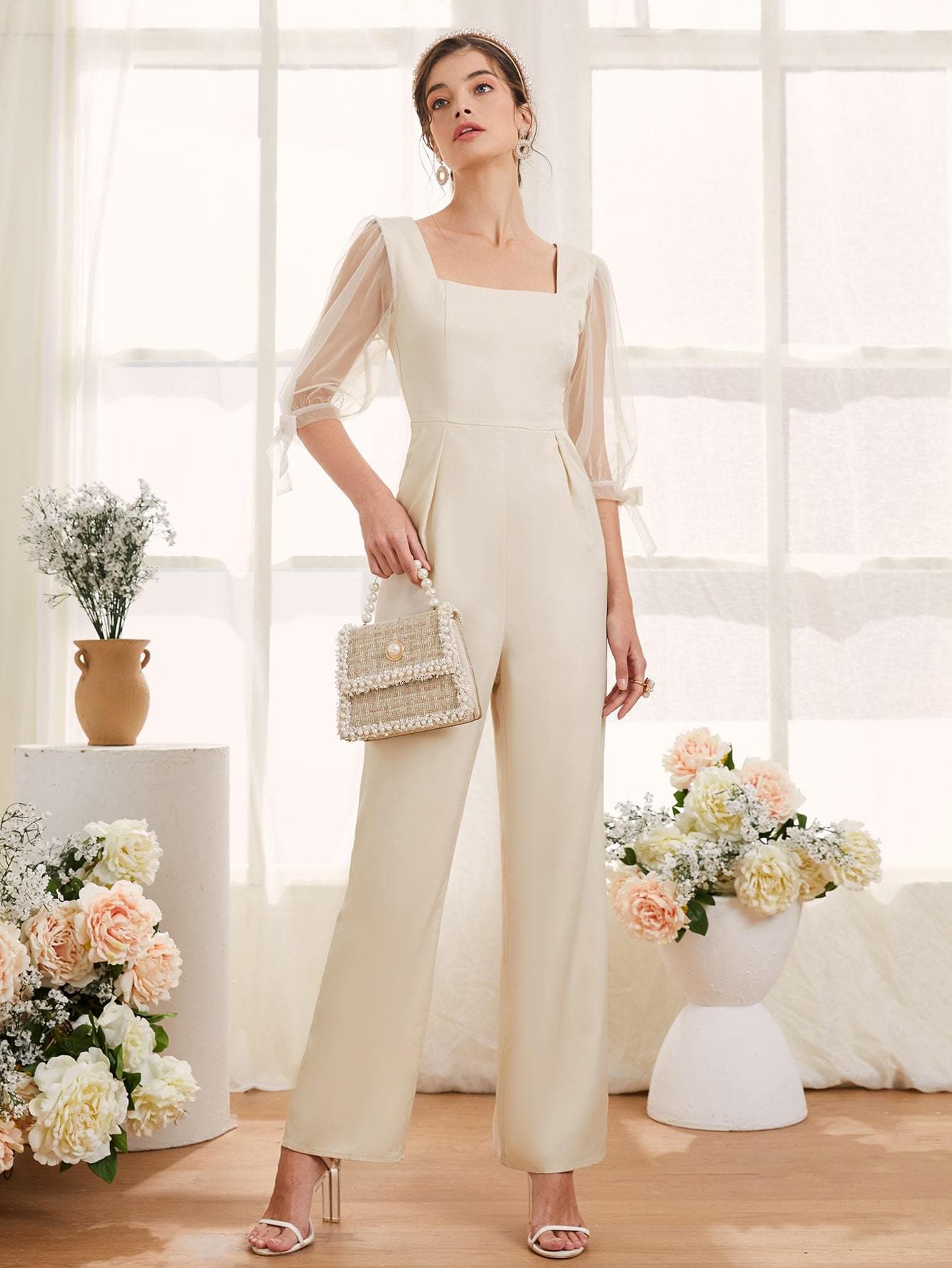 White Contrast Mesh Knot Cuff Square Neck Jumpsuit