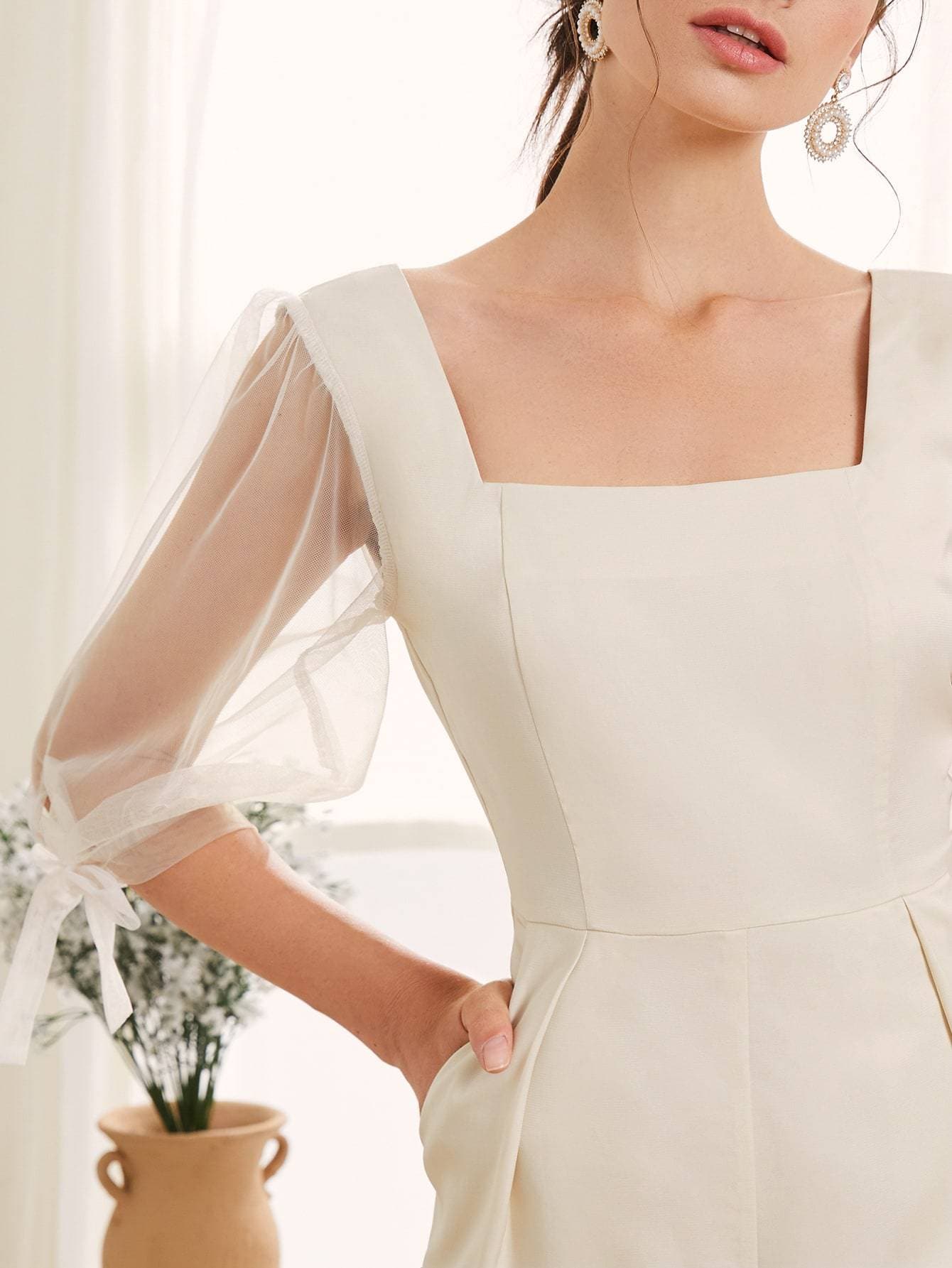 White Contrast Mesh Knot Cuff Square Neck Jumpsuit