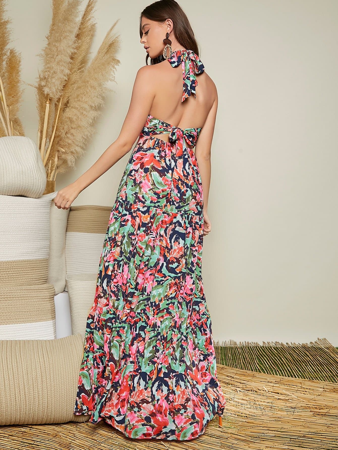 Floral Print Sleeveless Tie Backless Drop Waist Halter Dress