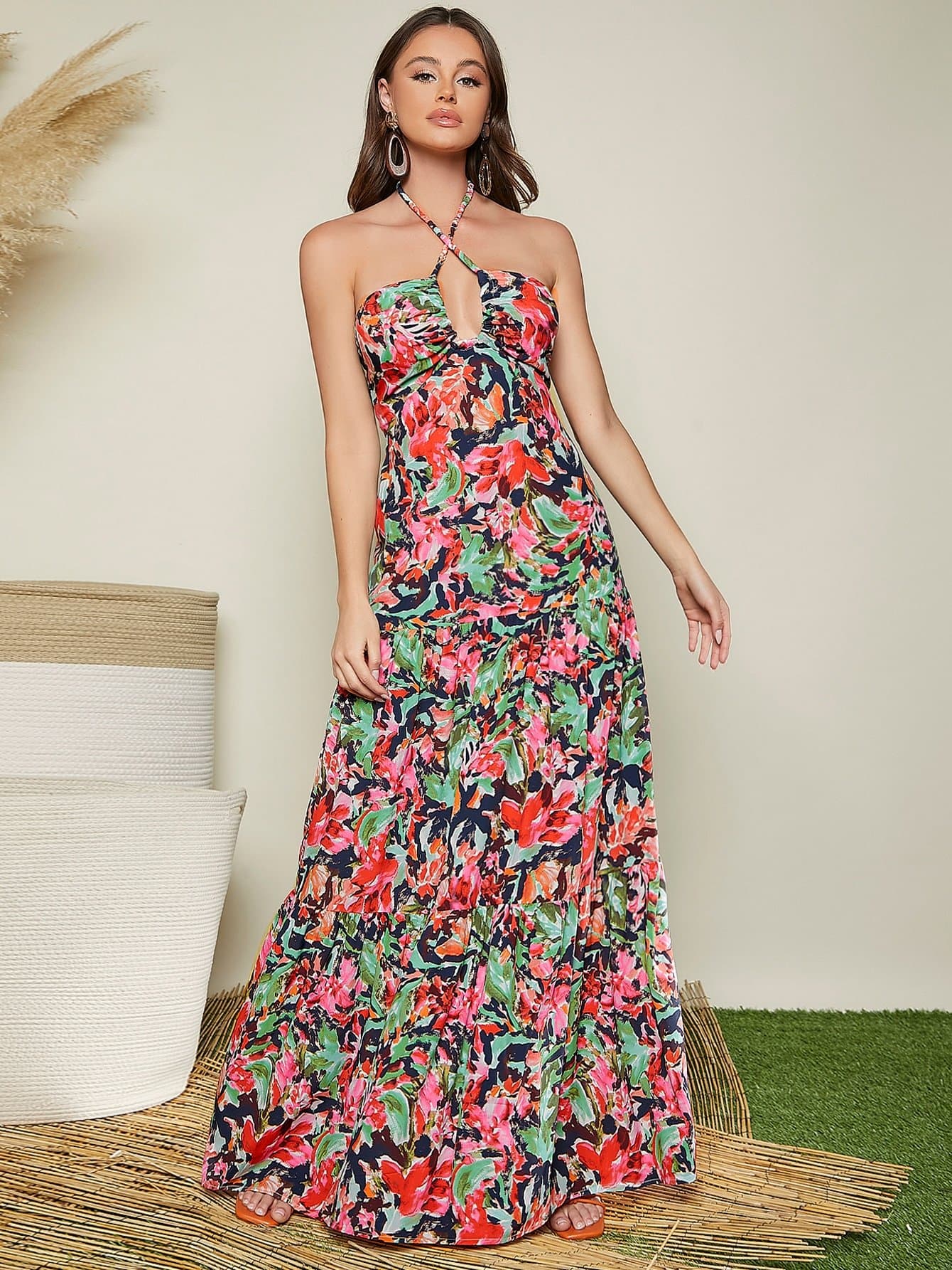 Floral Print Sleeveless Tie Backless Drop Waist Halter Dress