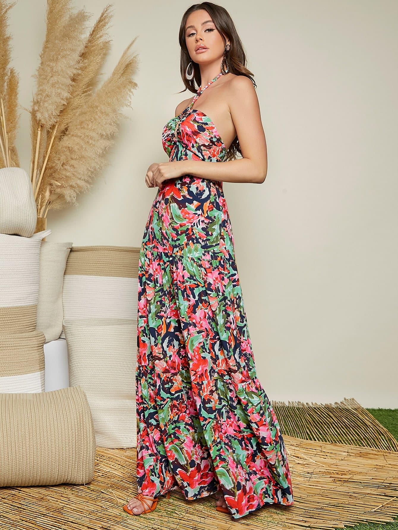 Floral Print Sleeveless Tie Backless Drop Waist Halter Dress