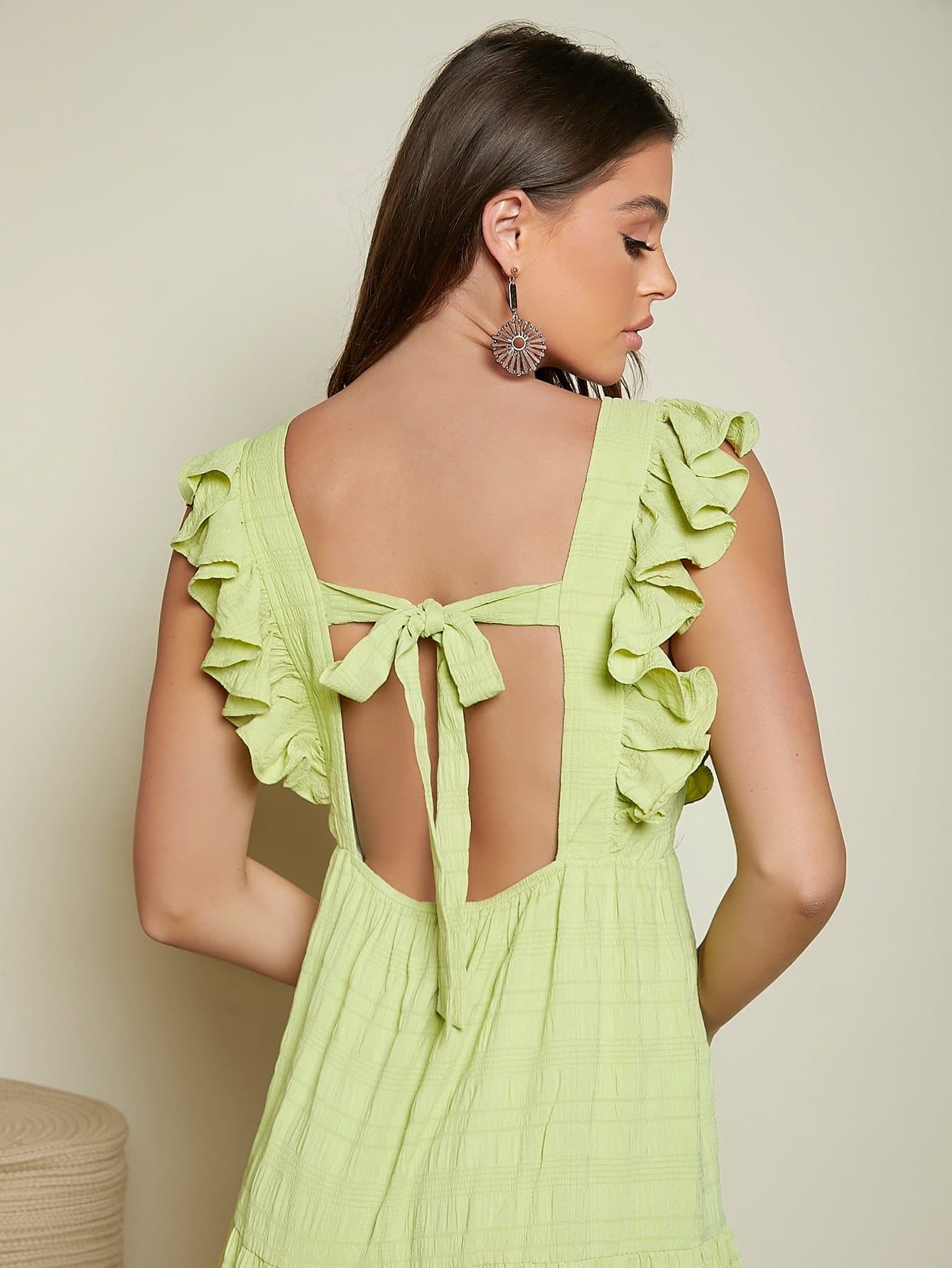 Lime Green Square Neck Tie Backless Ruffle Armhole Tiered Hem Dress