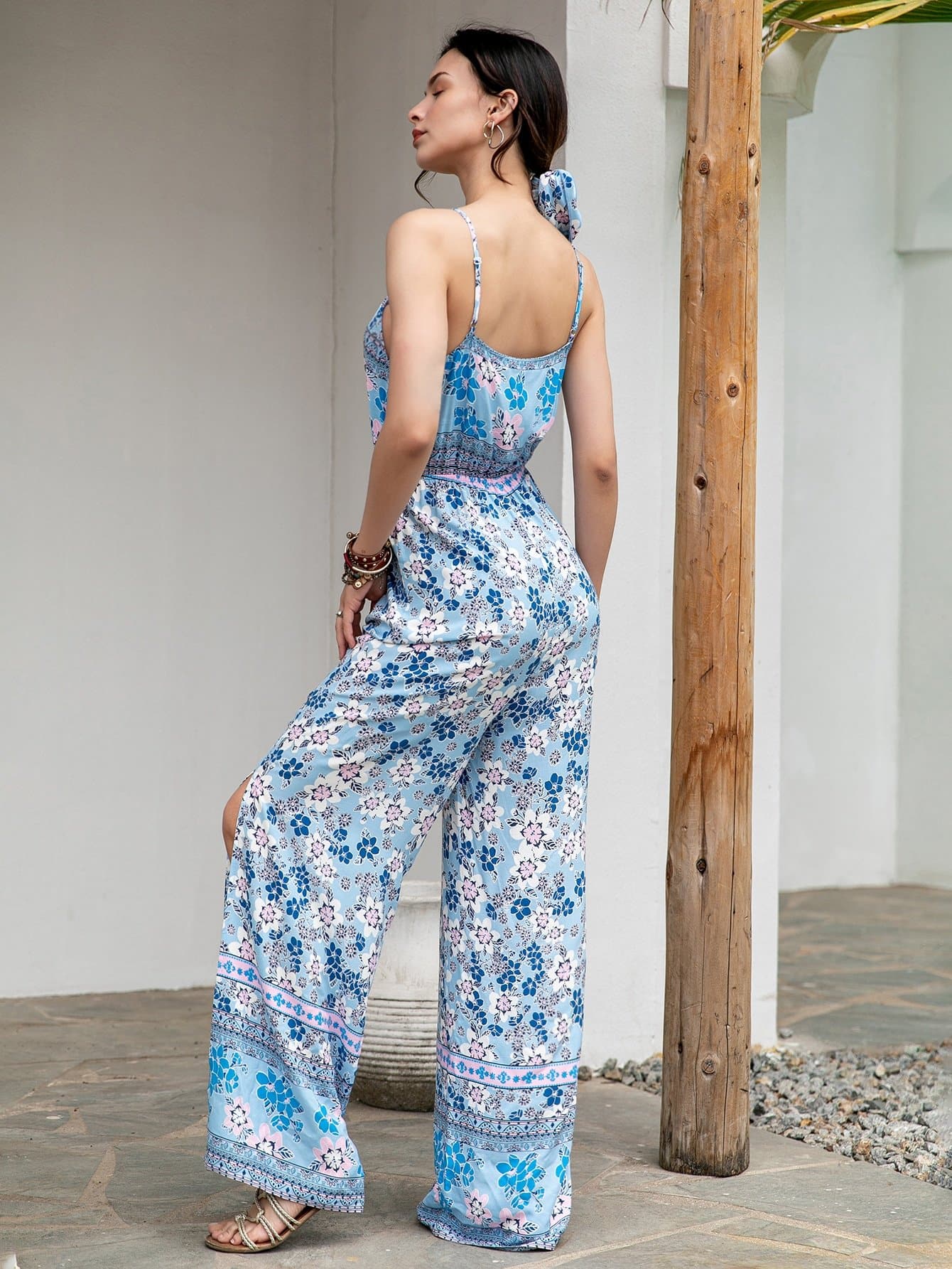 Spaghetti Strap Sleeveless Cutout Front Allover Floral Print Cami Jumpsuit