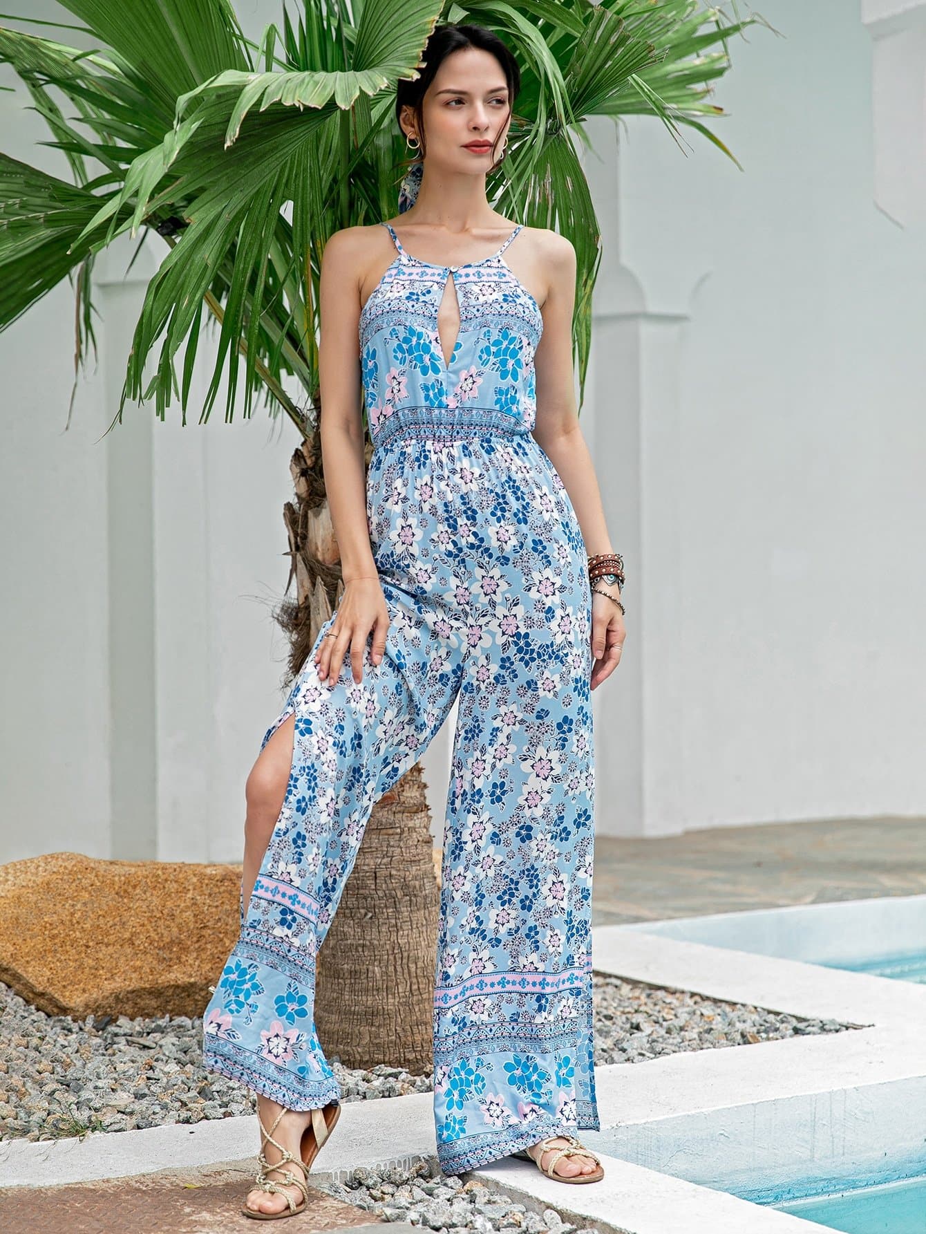 Spaghetti Strap Sleeveless Cutout Front Allover Floral Print Cami Jumpsuit