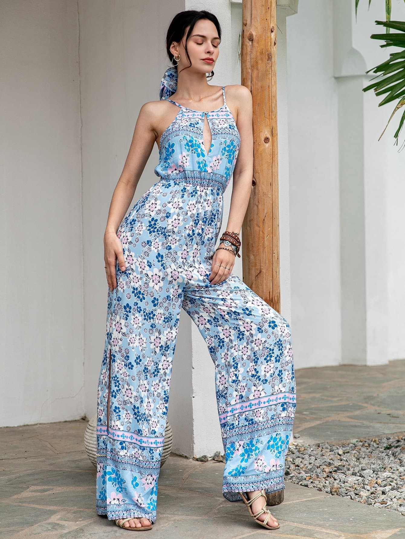 Spaghetti Strap Sleeveless Cutout Front Allover Floral Print Cami Jumpsuit