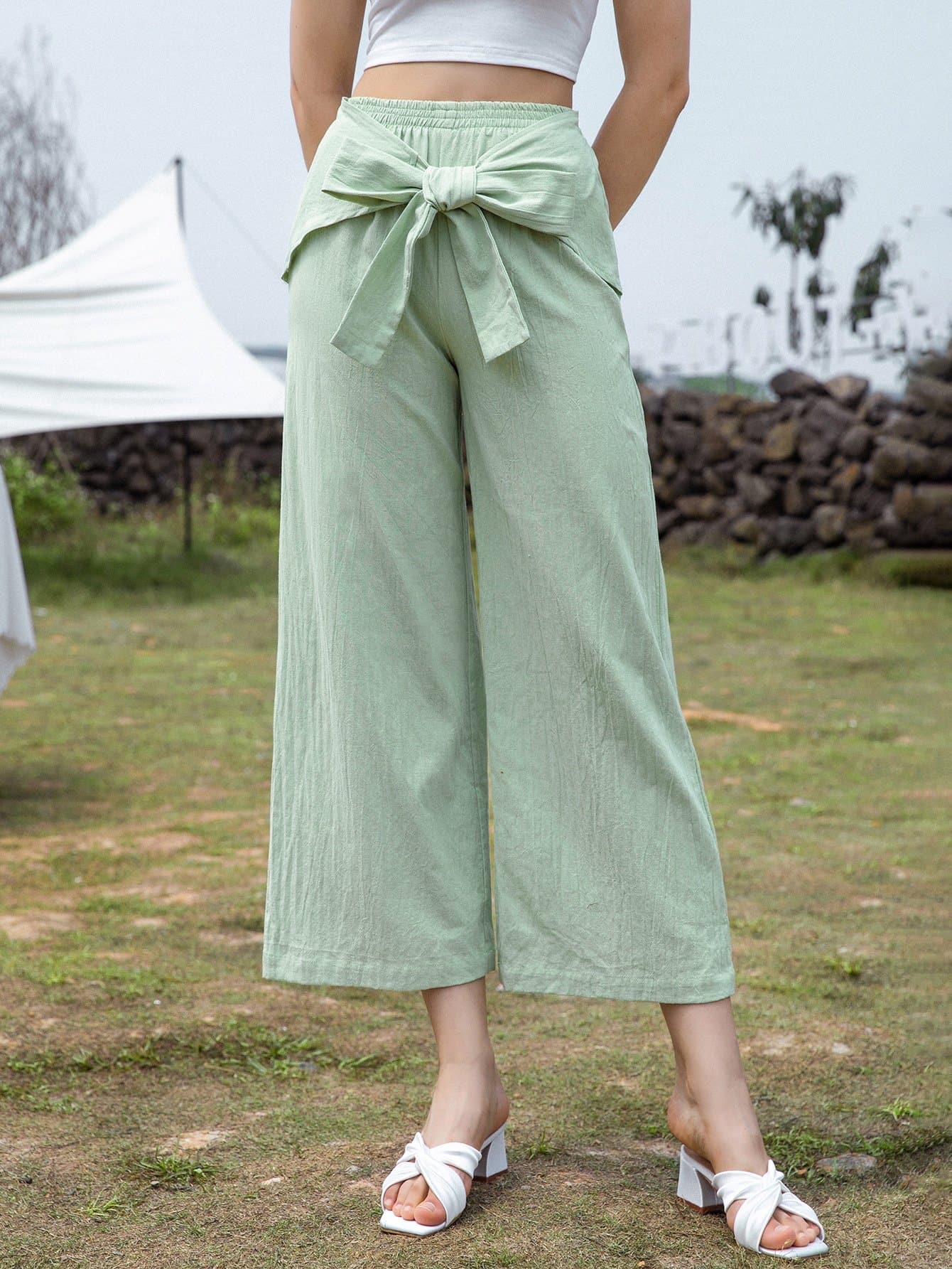 Mint Green Tie Front Wide Leg High Elastic Waist Cropped Pants