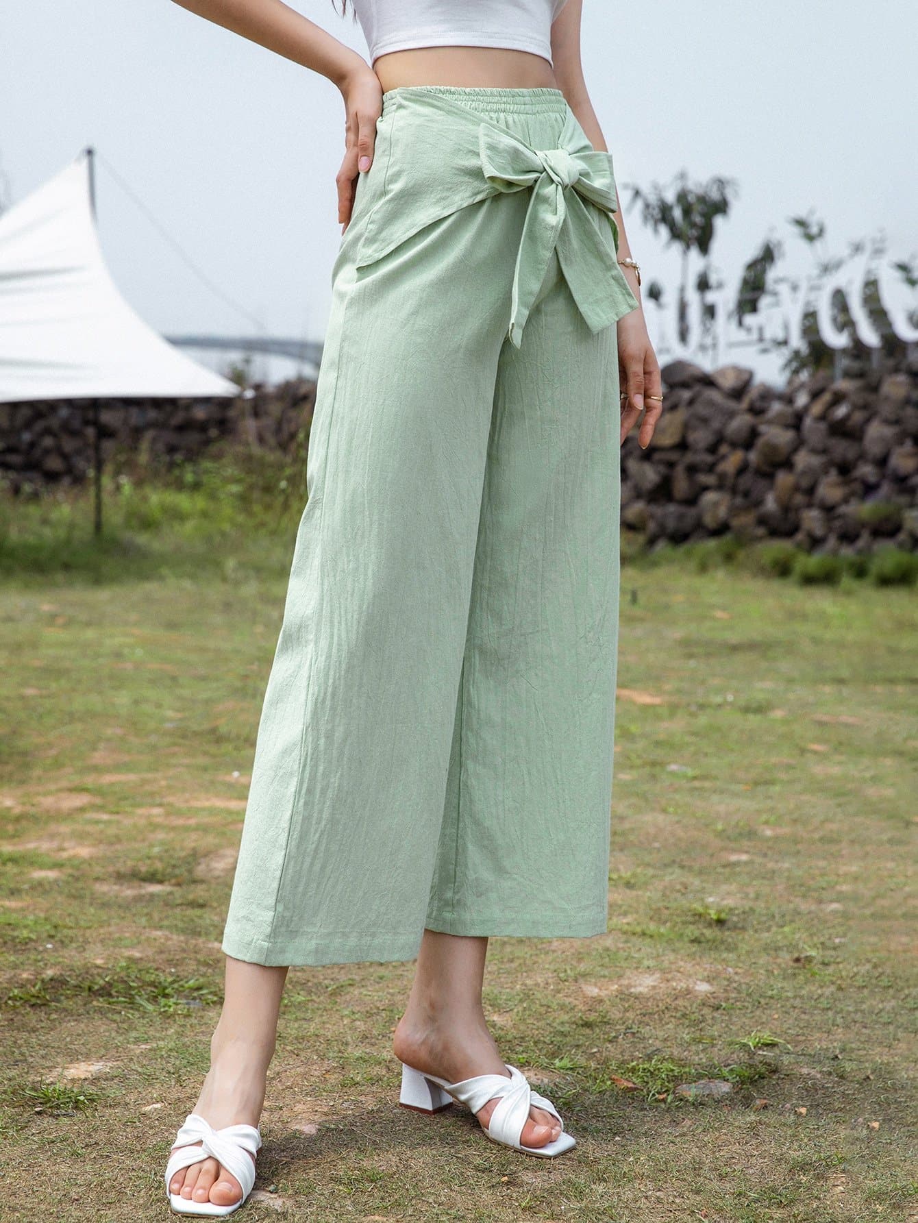 Mint Green Tie Front Wide Leg High Elastic Waist Cropped Pants