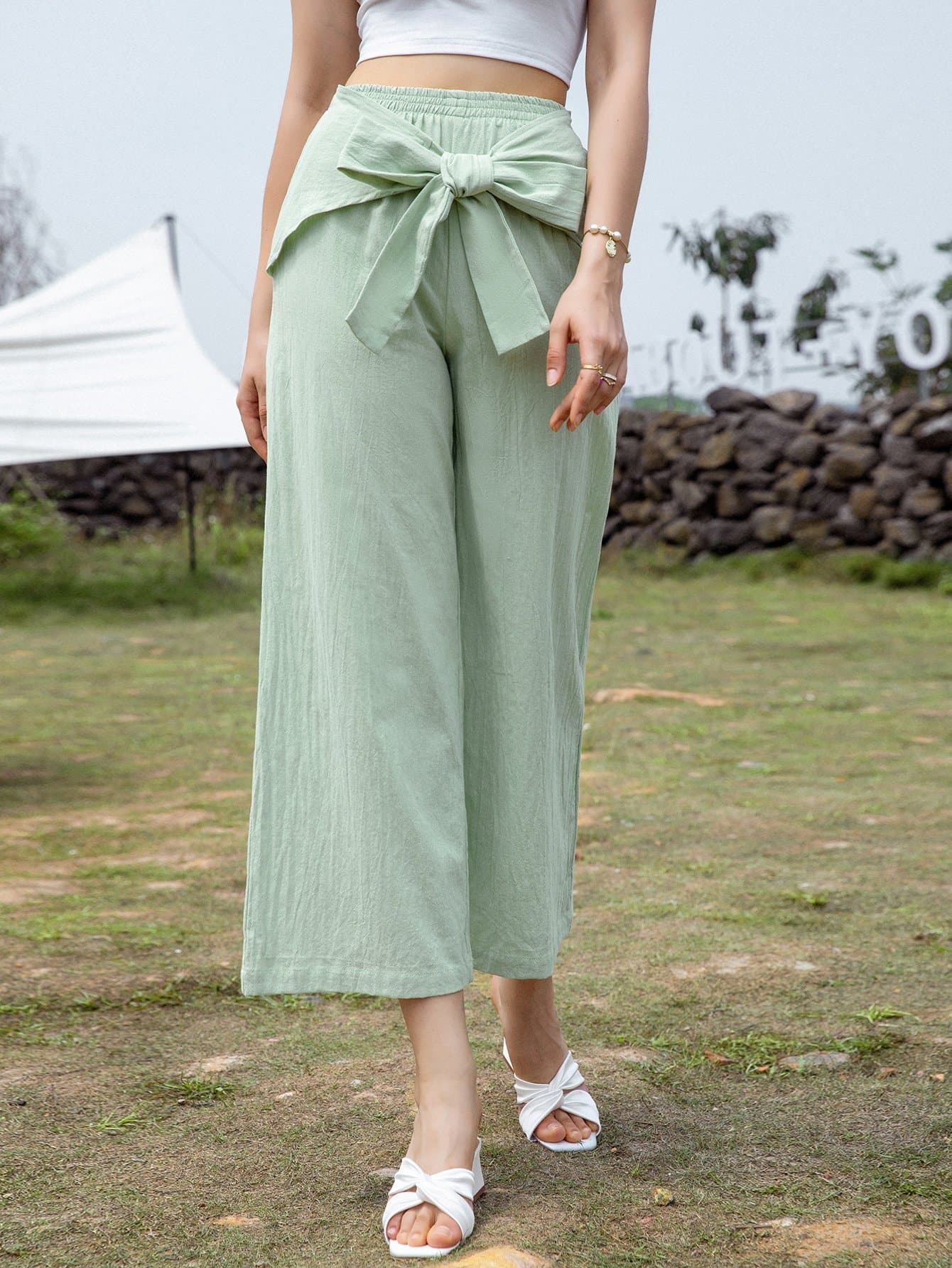 Mint Green Tie Front Wide Leg High Elastic Waist Cropped Pants