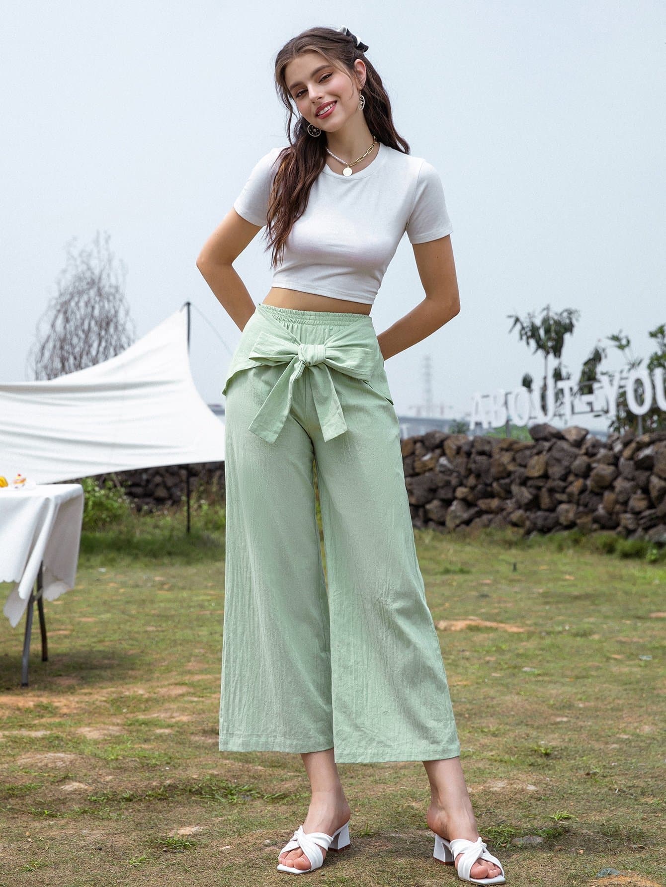 Mint Green Tie Front Wide Leg High Elastic Waist Cropped Pants