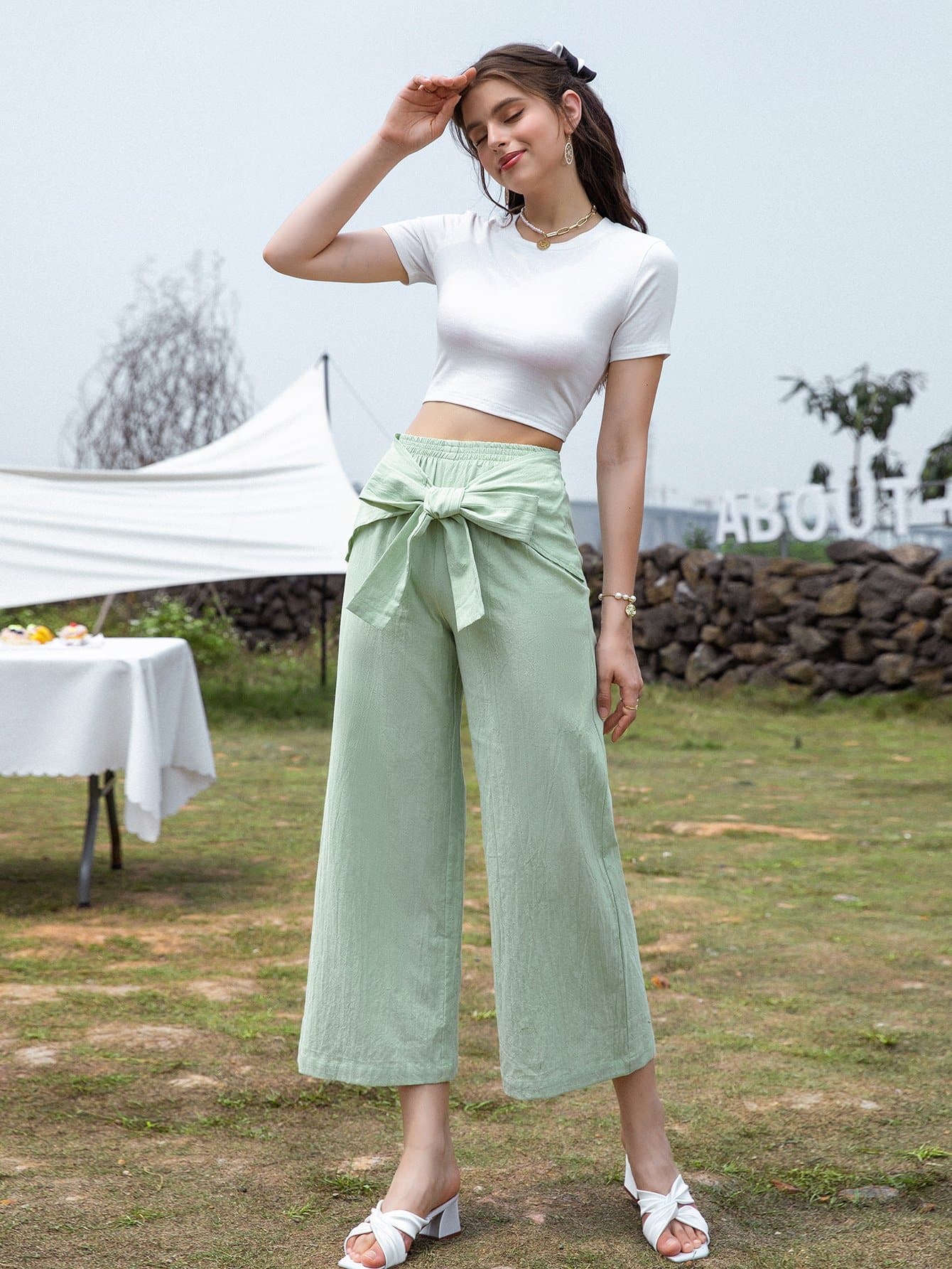 Mint Green Tie Front Wide Leg High Elastic Waist Cropped Pants