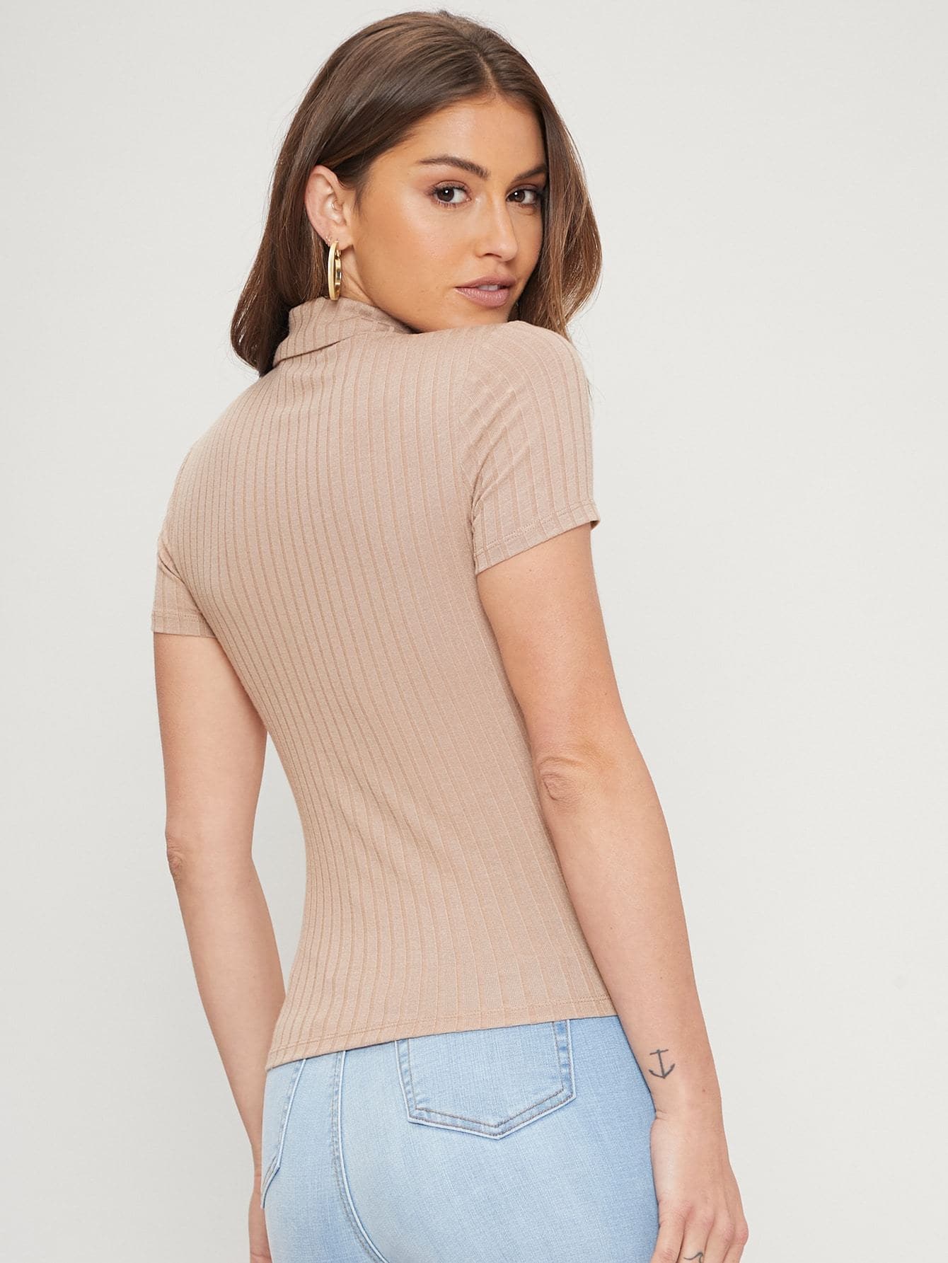 Rib-Knit Button Front Slim Fit Top
