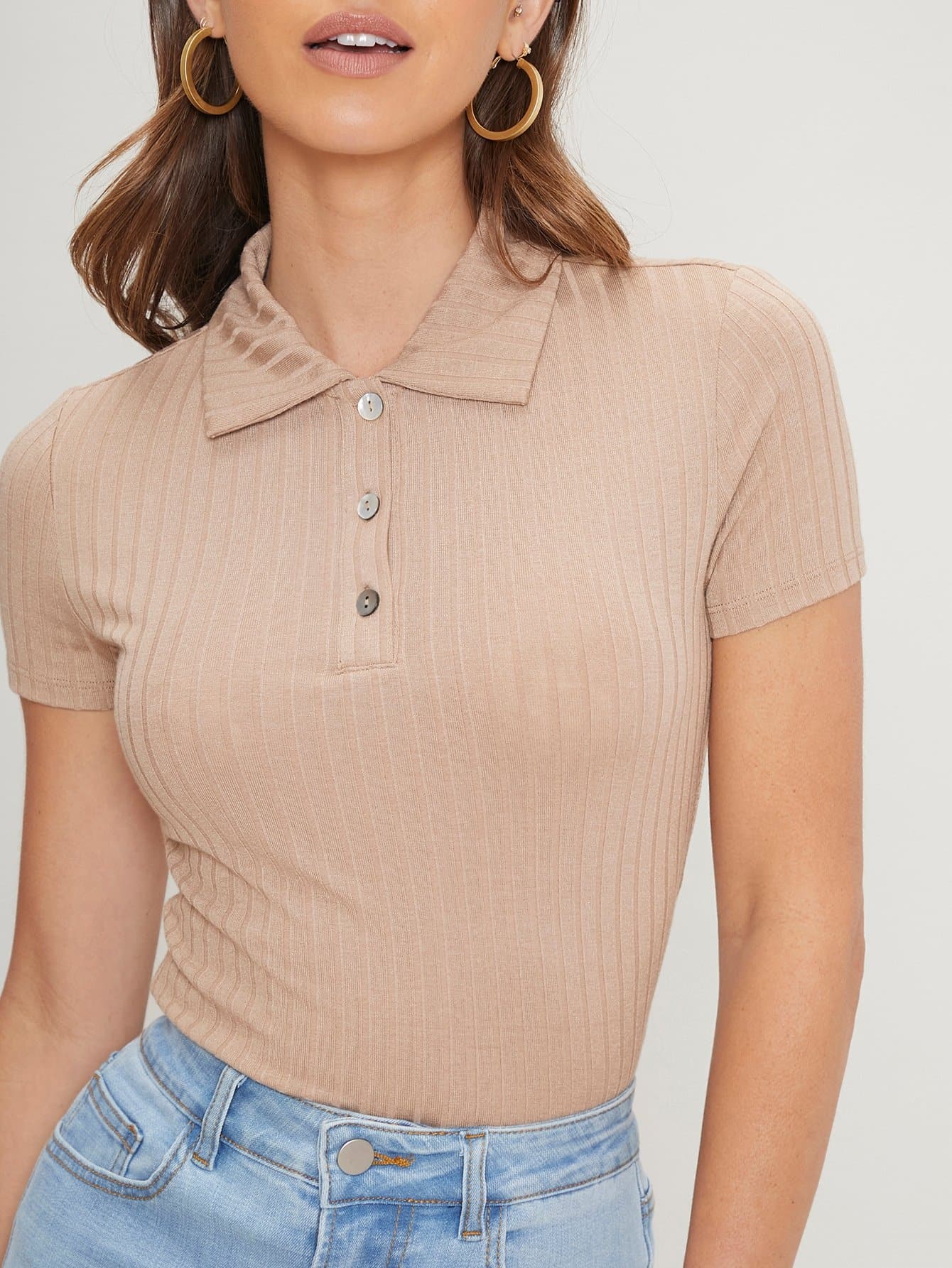 Rib-Knit Button Front Slim Fit Top