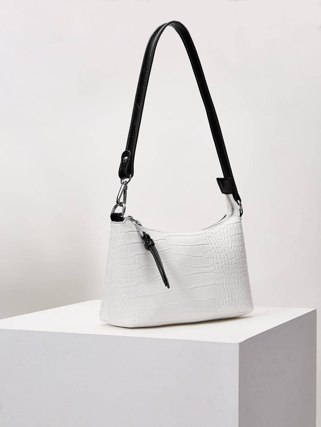 Croc Embossed Pu Leather Baguette Bag