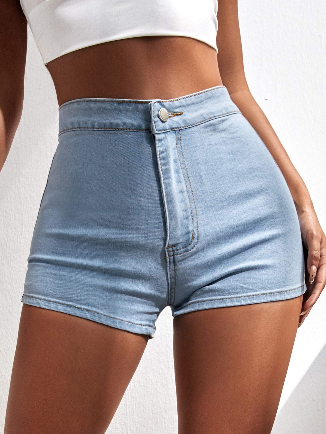 Light Wash Button Front Zipper Fly High Waist Denim Shorts –