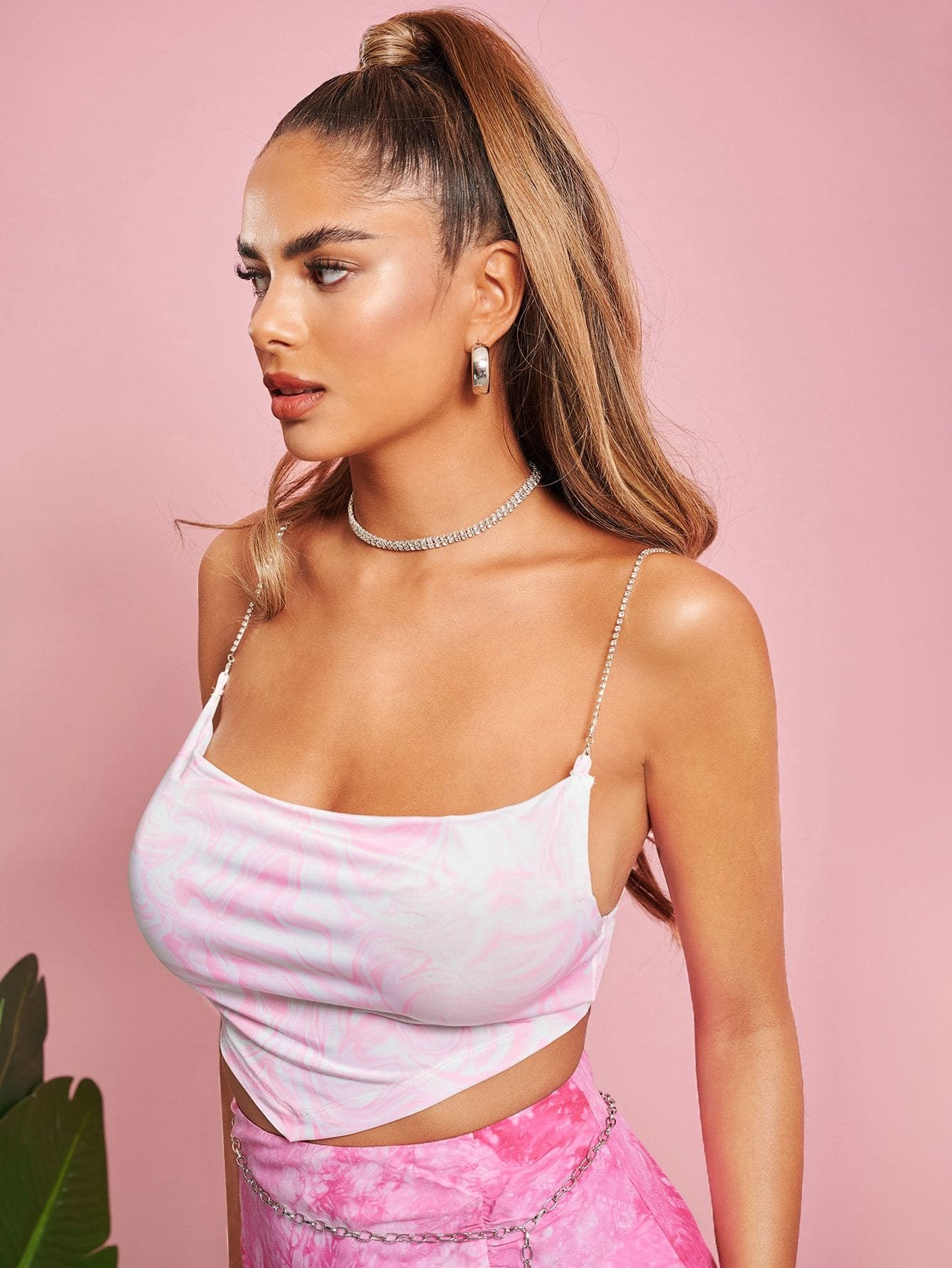 Pink Rhinestone Strappy Tie Dye Slim Fit Cami Top