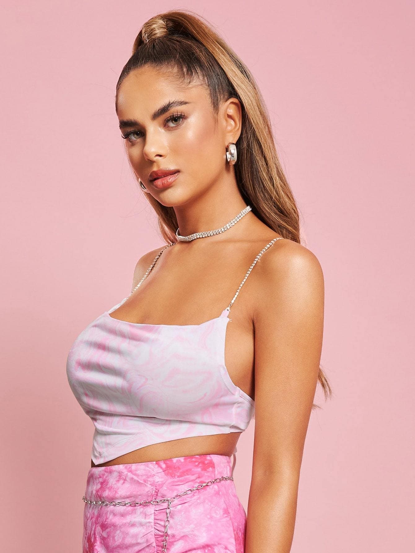 Pink Rhinestone Strappy Tie Dye Slim Fit Cami Top