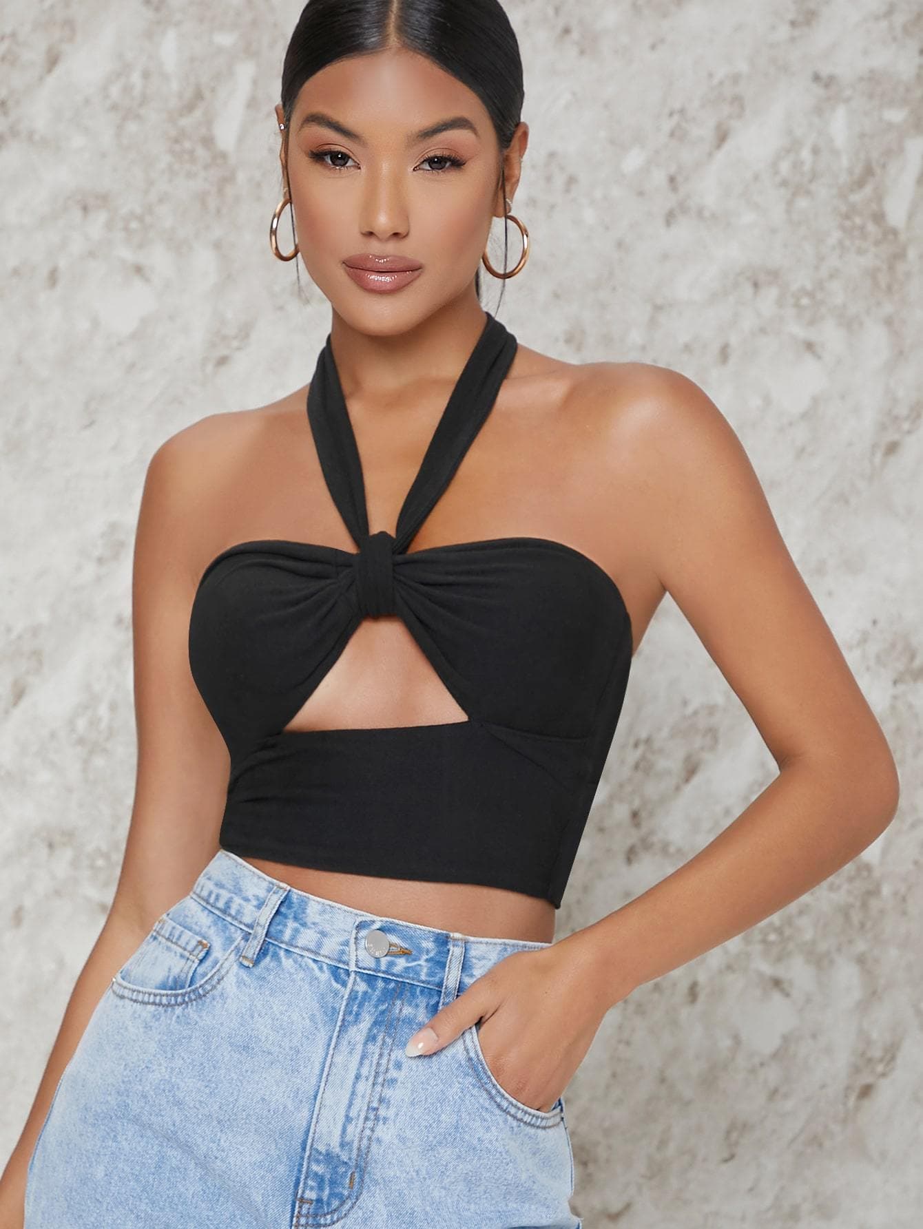 Backless Sleeveless Cutout Self-Tie Halter Crop Top