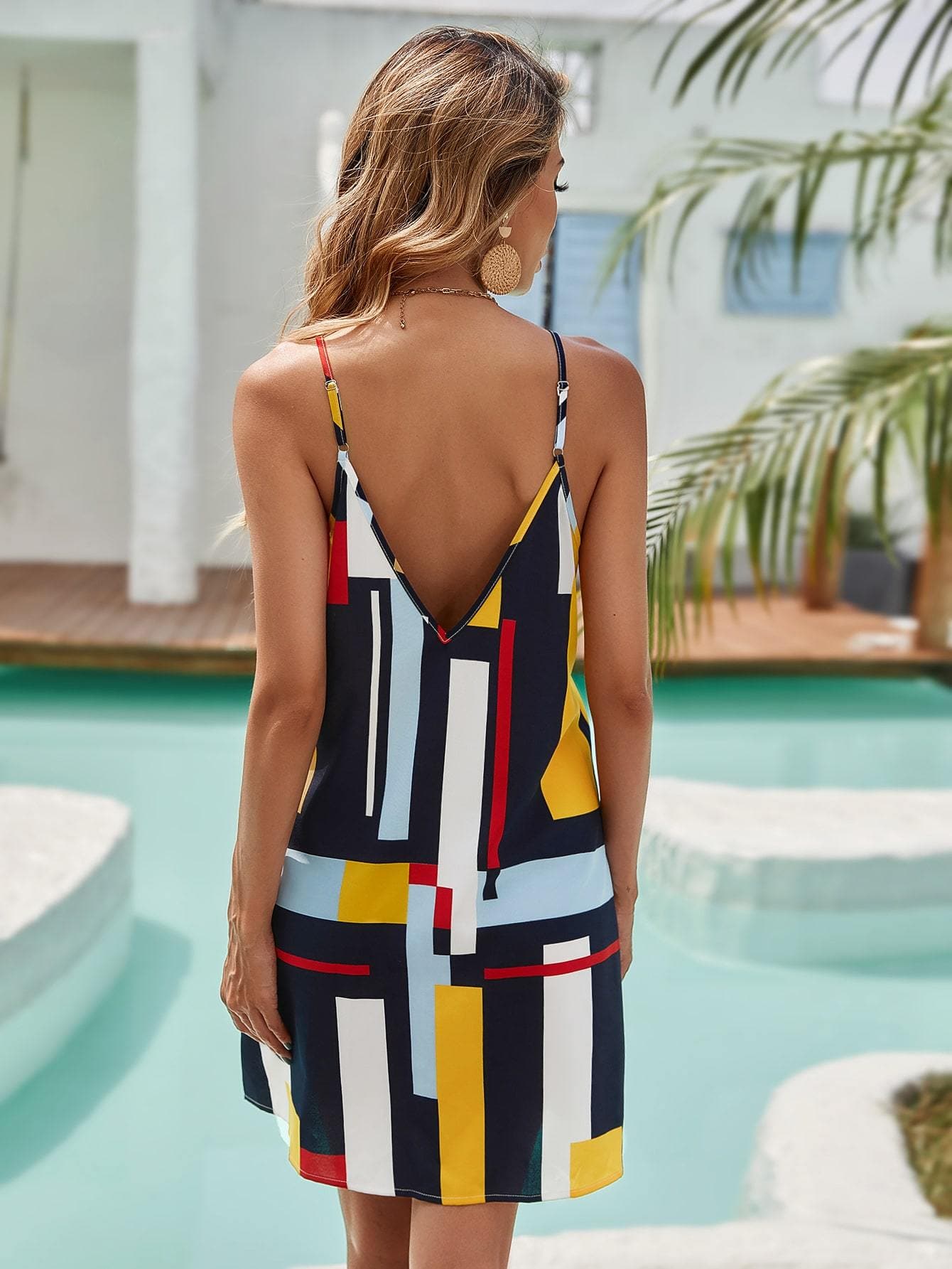 Double V-Neck Spaghetti Strap Sleeveless Color Block Cami Dress