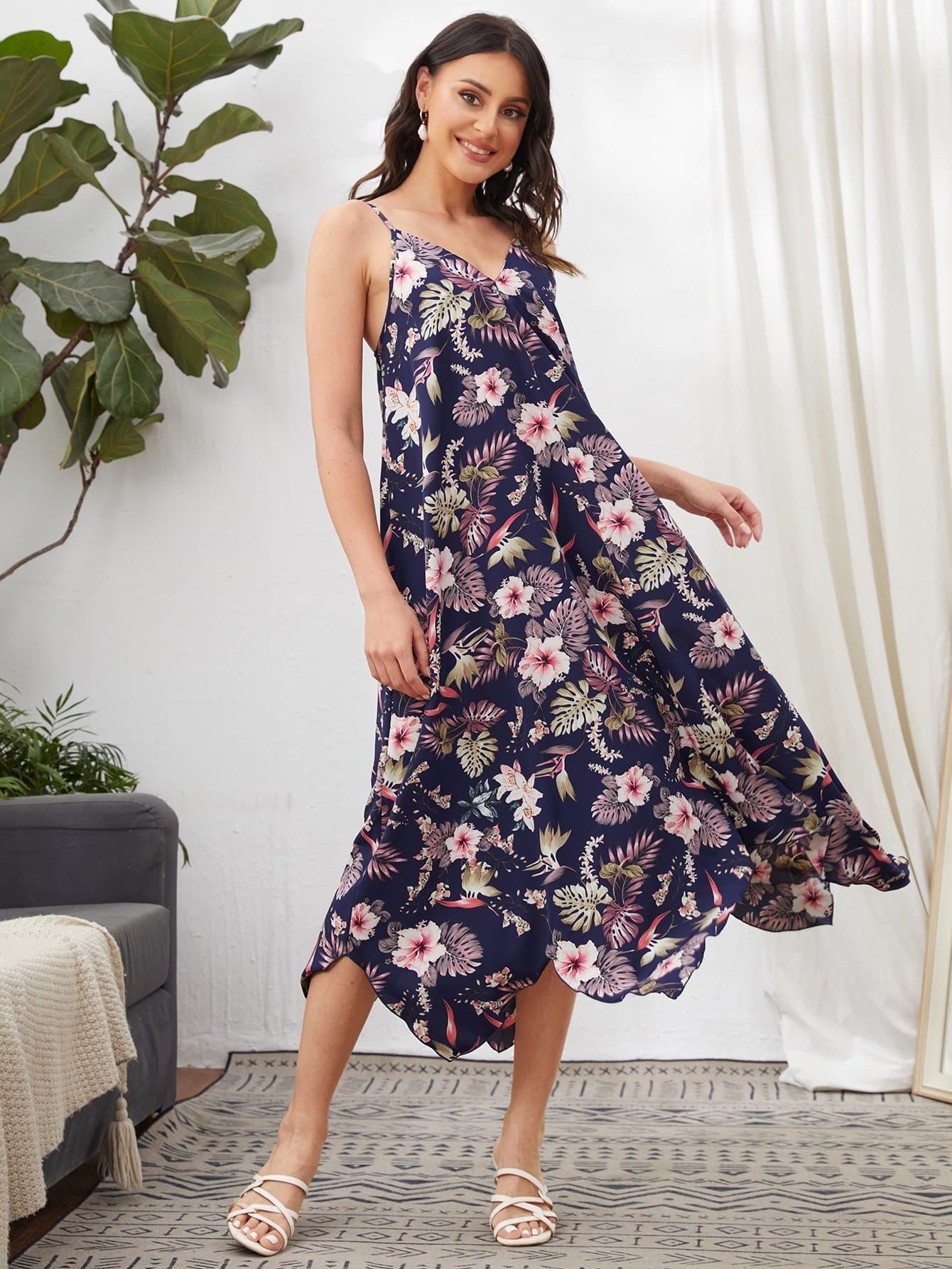 Boho Sleeveless Low Back Asymmetrical Hem Floral Cami Dress