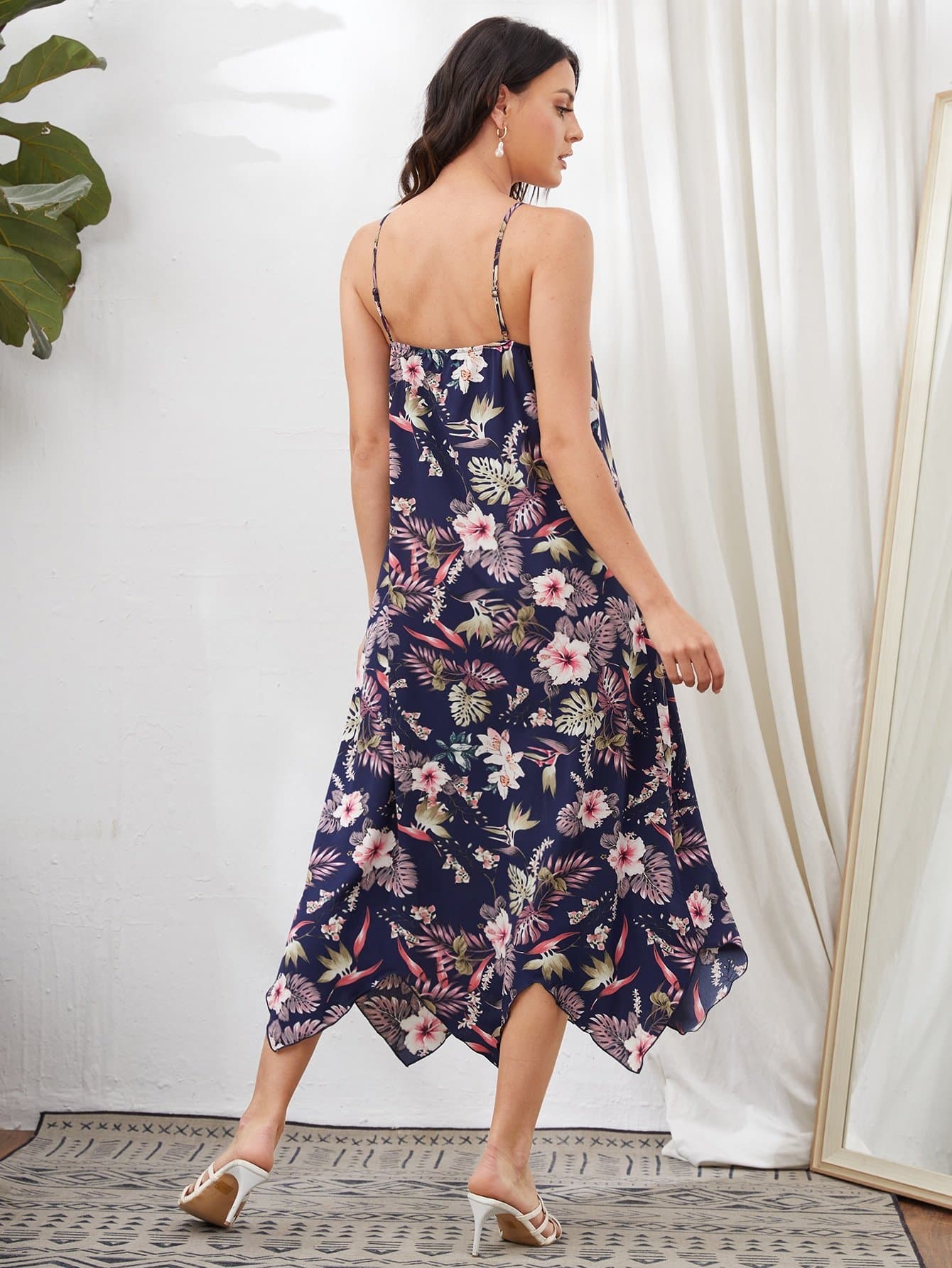 Boho Sleeveless Low Back Asymmetrical Hem Floral Cami Dress