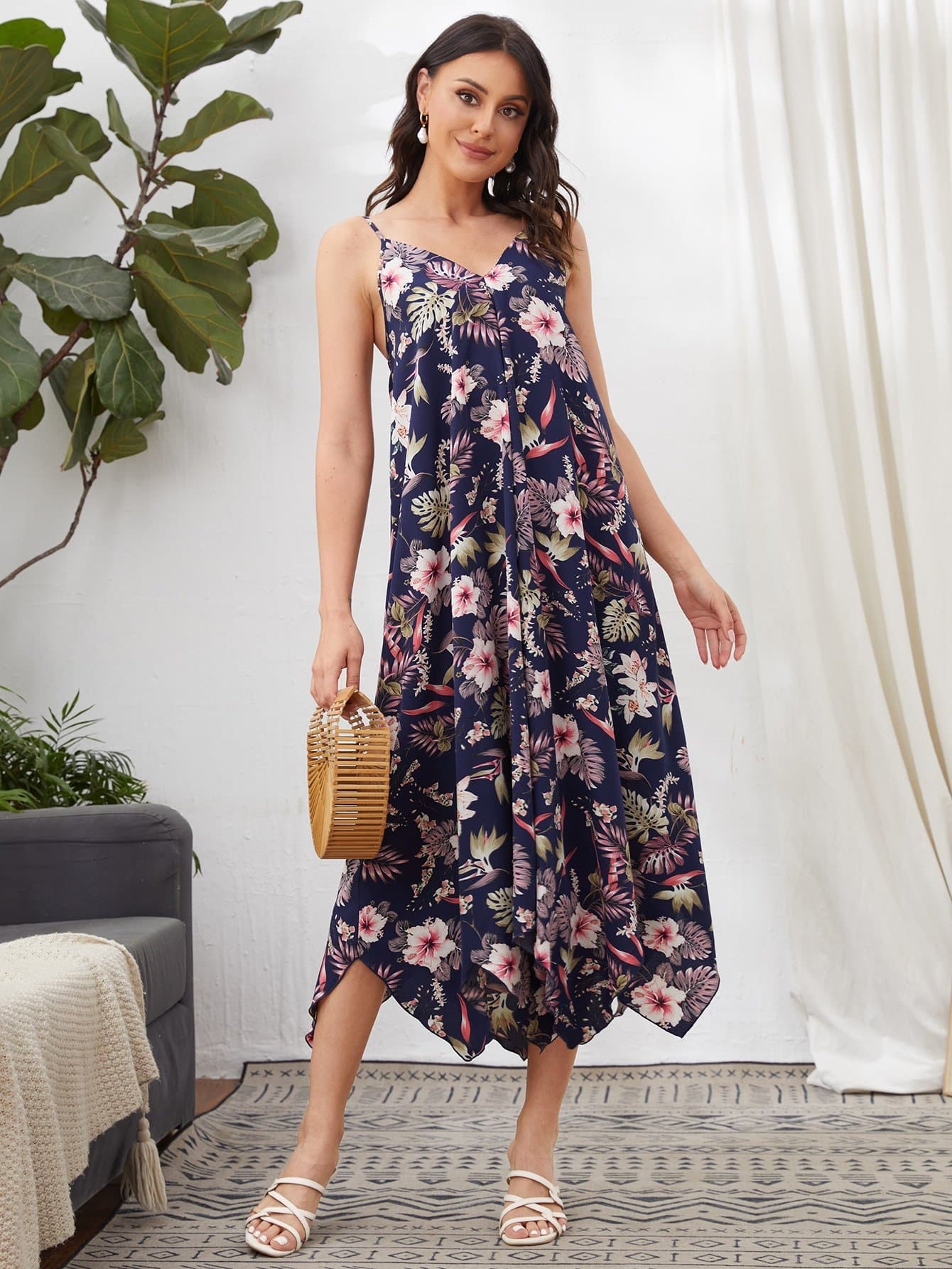 Boho Sleeveless Low Back Asymmetrical Hem Floral Cami Dress