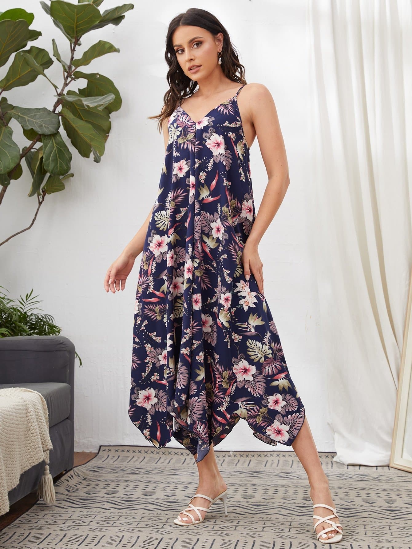 Boho Sleeveless Low Back Asymmetrical Hem Floral Cami Dress