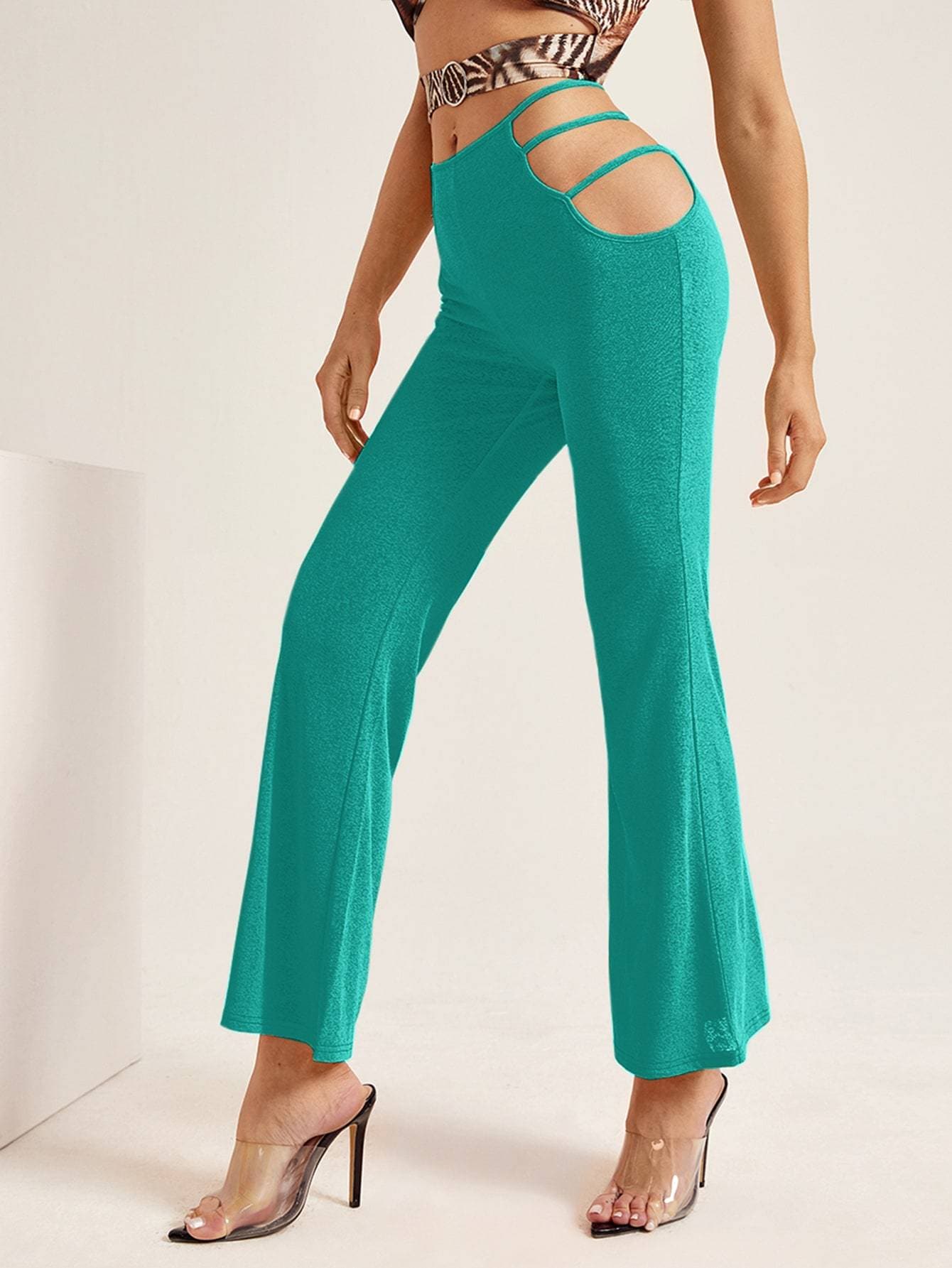 Mint Blue Cutout Side Flare Leg Pants