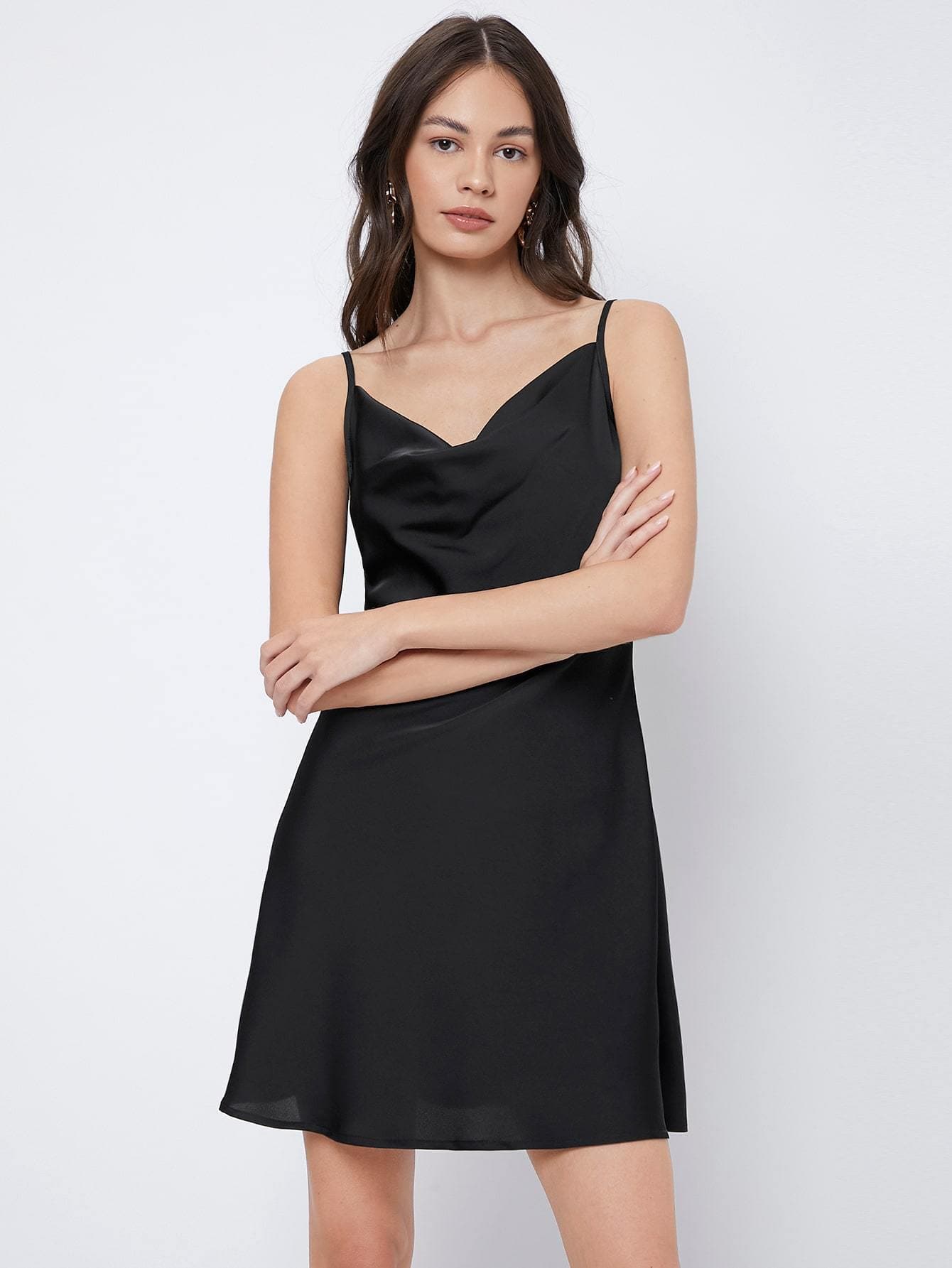 Spaghetti Strap Sleeveless Cowl Neck Solid Cami Dress