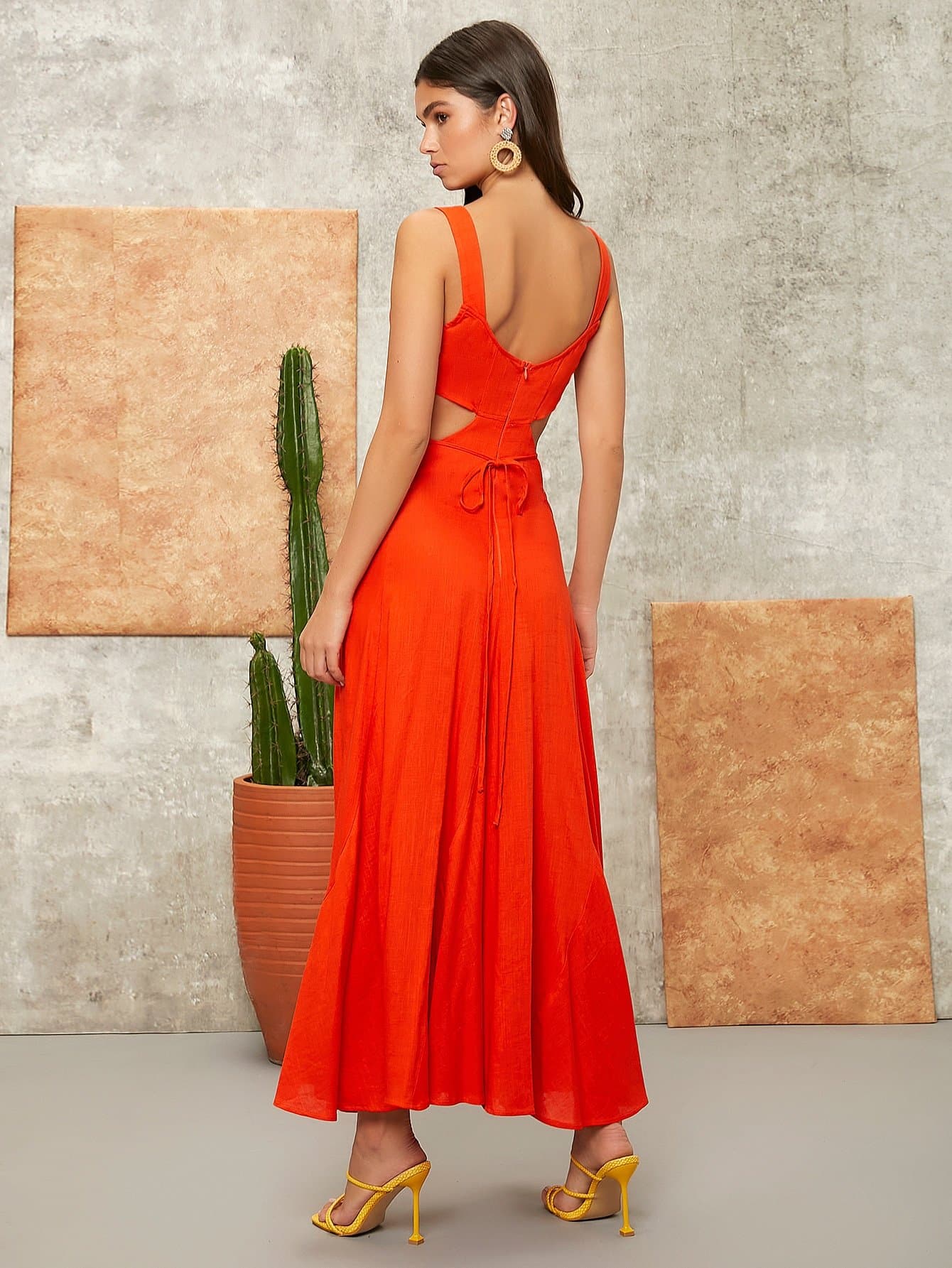 Orange Sleeveless Cut-out Crisscross Tie Back Dress