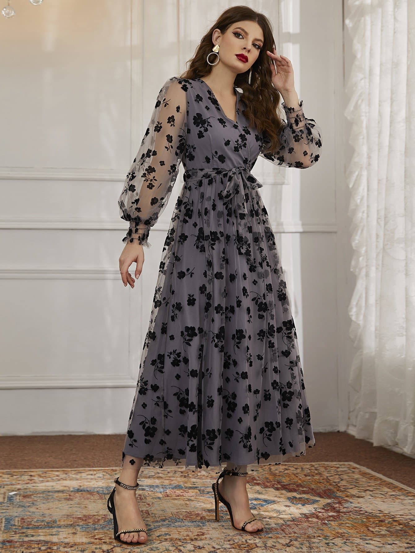 Dark Grey V-Neck Floral Mesh Belted Surplice Front Dress