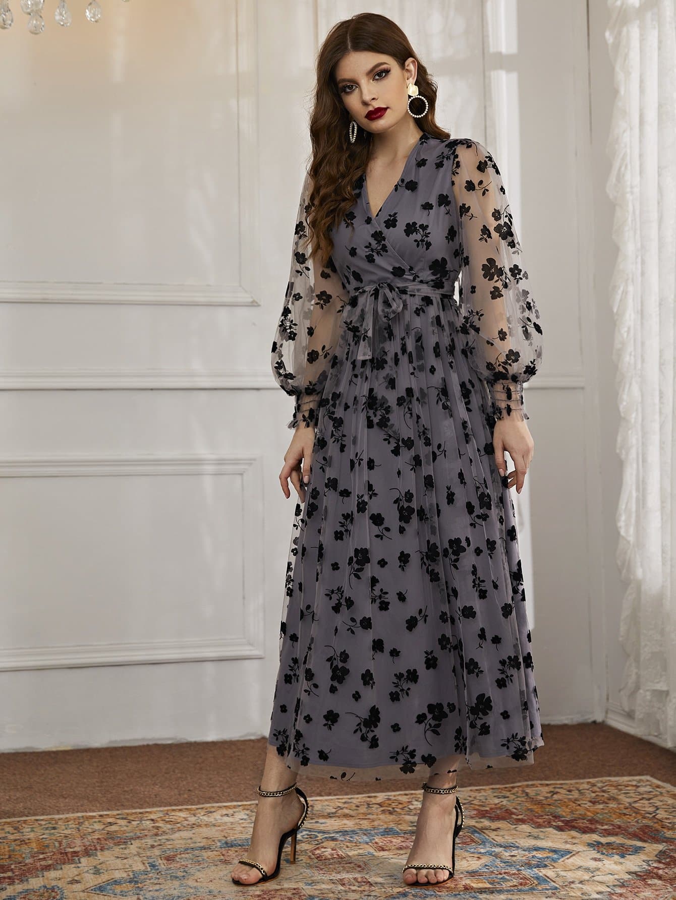Dark Grey V-Neck Floral Mesh Belted Surplice Front Dress
