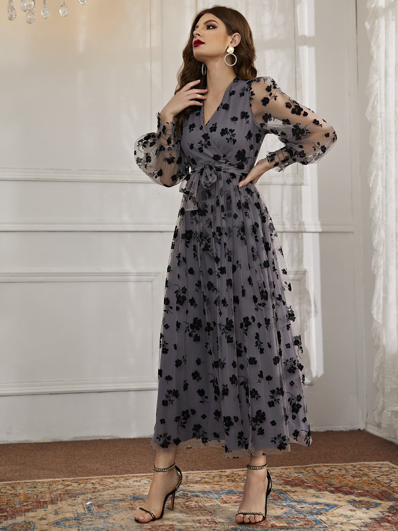 Dark Grey V-Neck Floral Mesh Belted Surplice Front Dress