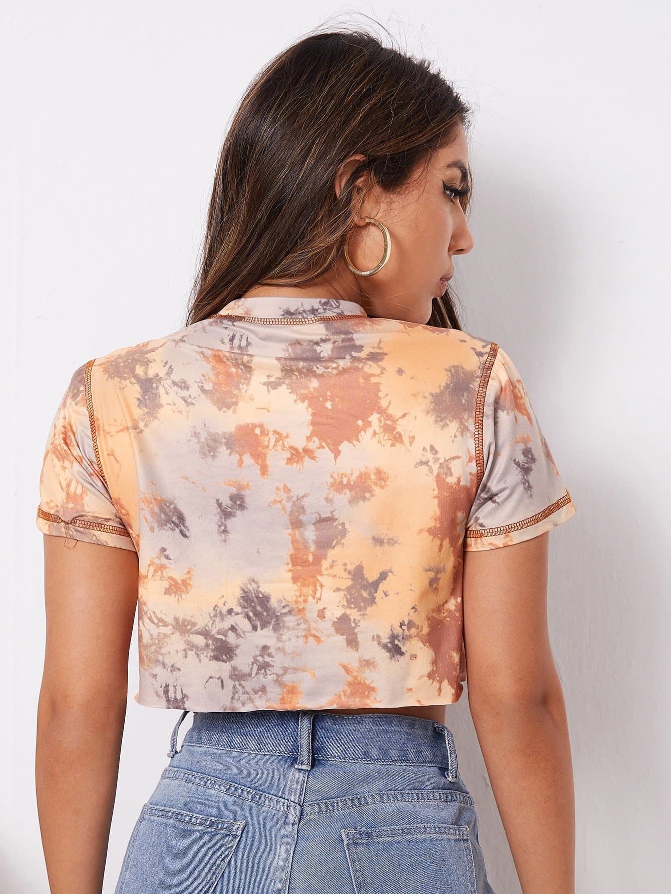 Stand Collar Rhinestone Lace Up Front Tie Dye Crop Top