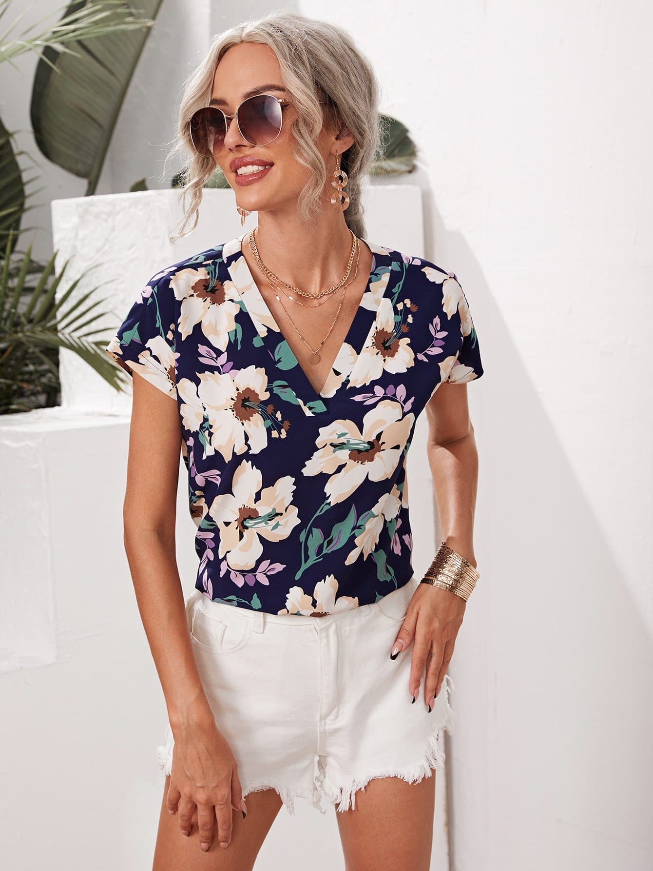 V-Neck Batwing Sleeve Floral Print Top
