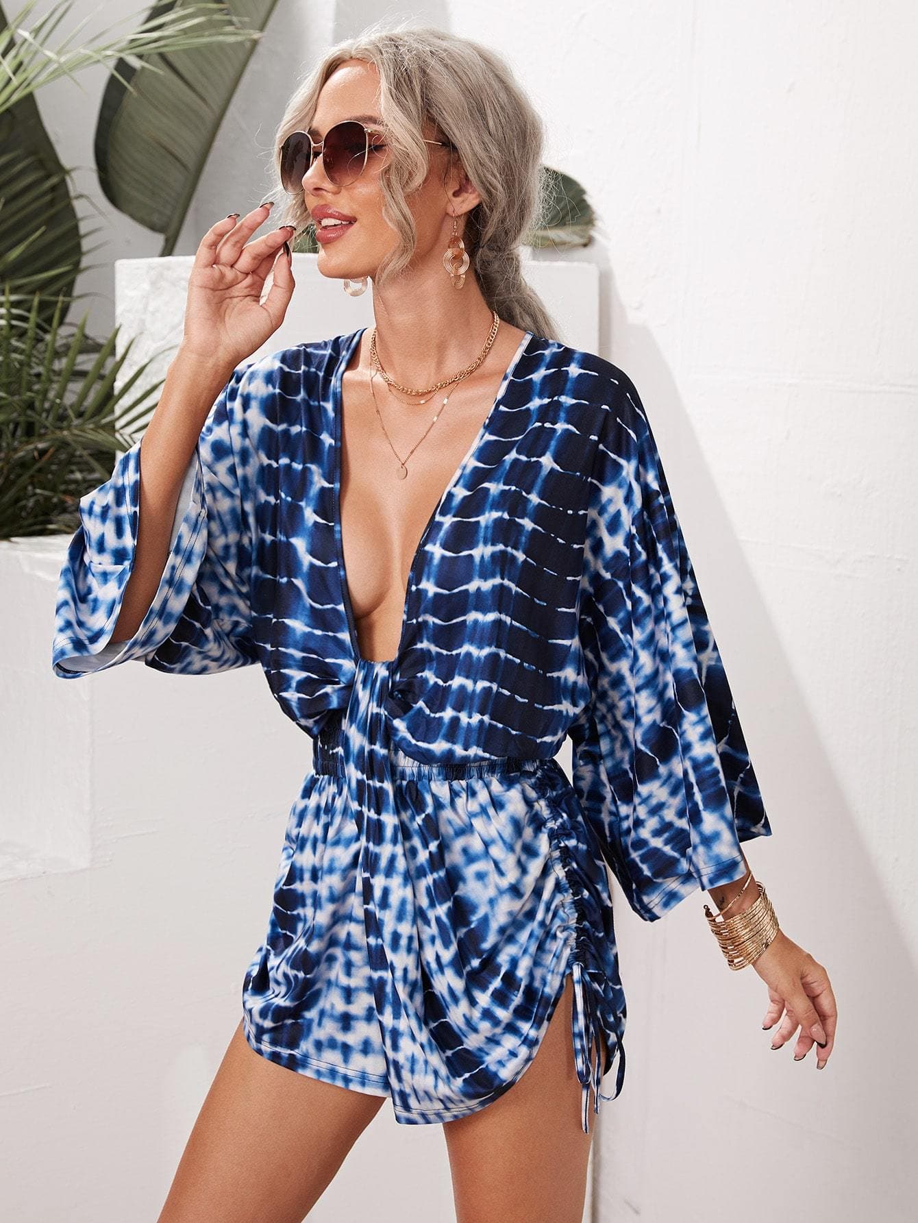 Blue White V-Neck Tie Dye Bell Sleeve Drawstring Ruched Side Romper