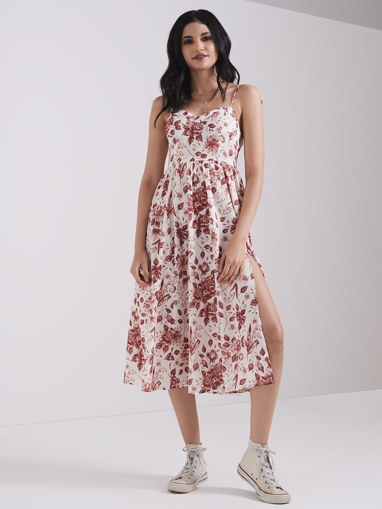 Spaghetti Strap Sleeveless Shirred Back Split Thigh Floral Cami Dress