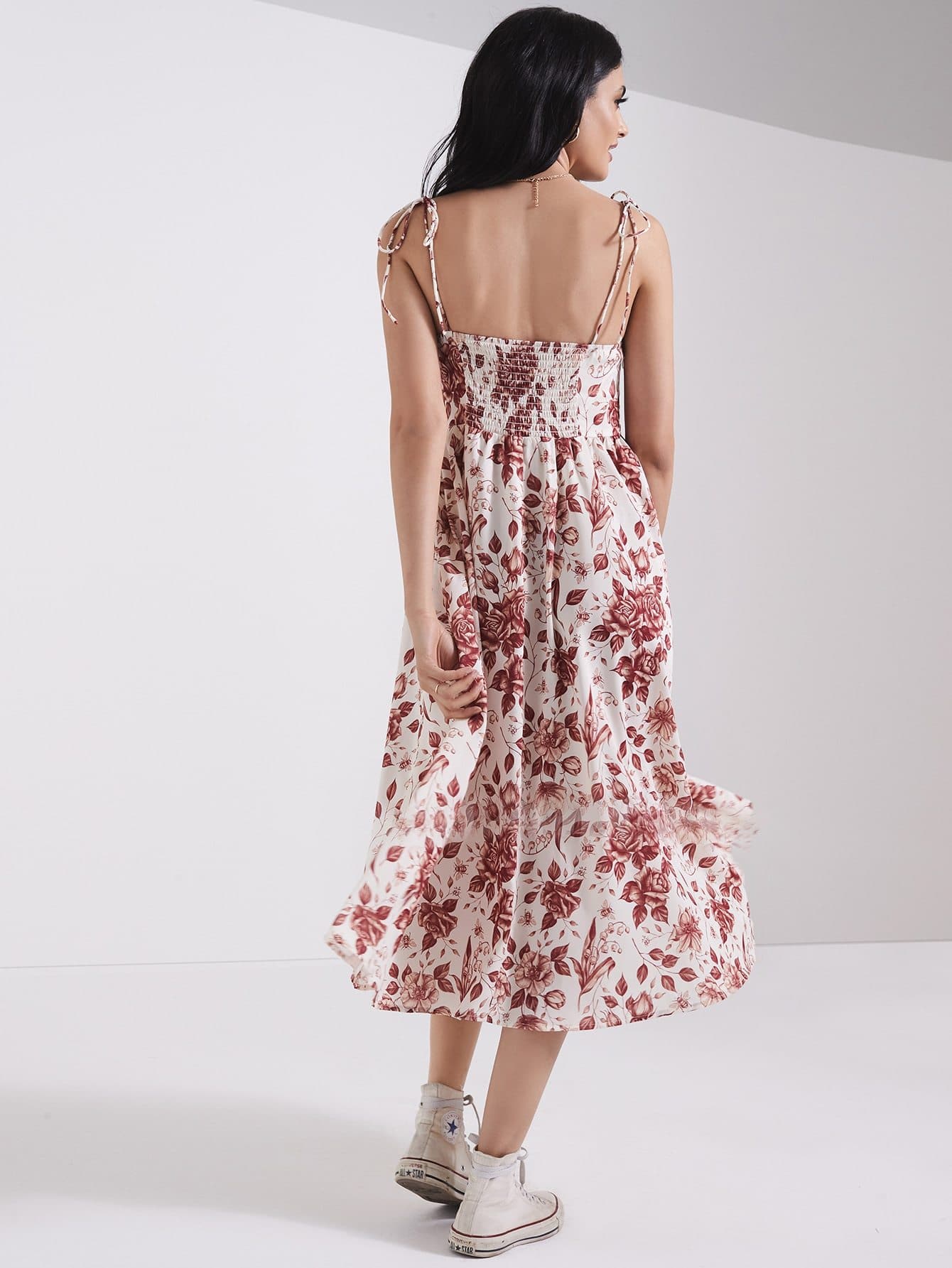 Spaghetti Strap Sleeveless Shirred Back Split Thigh Floral Cami Dress